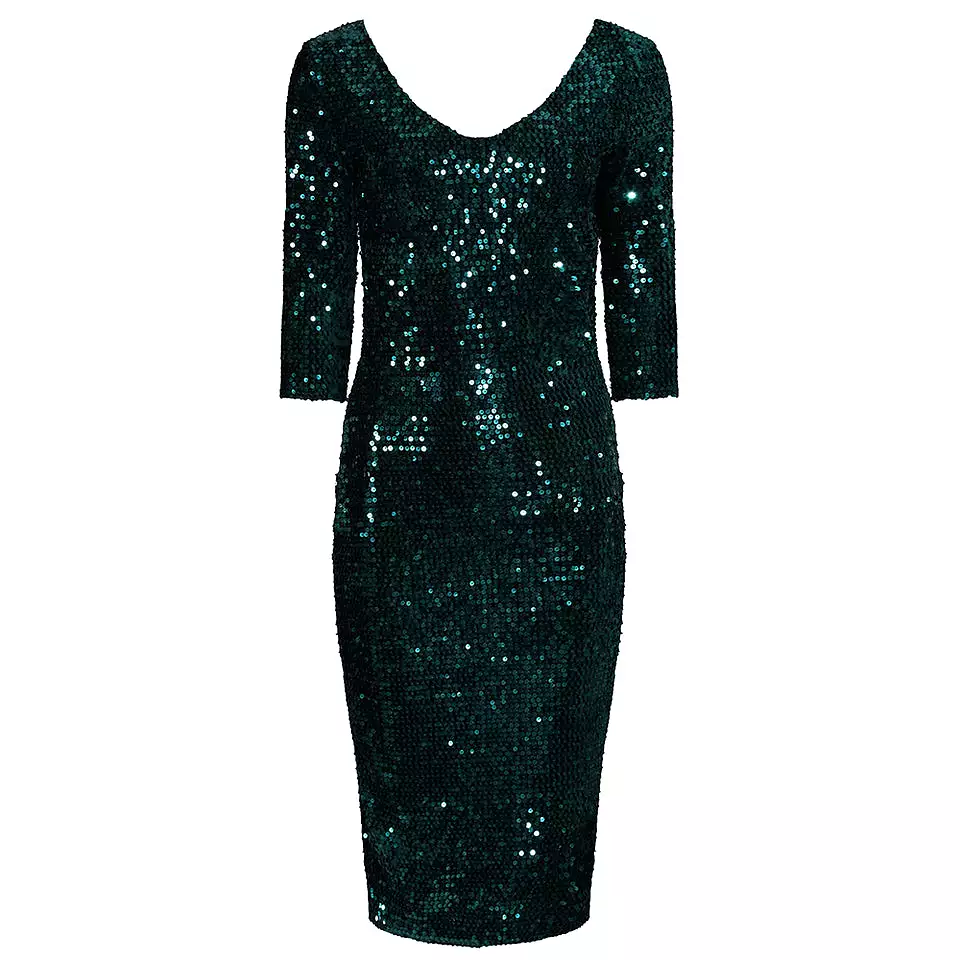 Emerald Green 3/4 Sleeve V Neck Velour Sequin Pencil Wiggle Party Dress