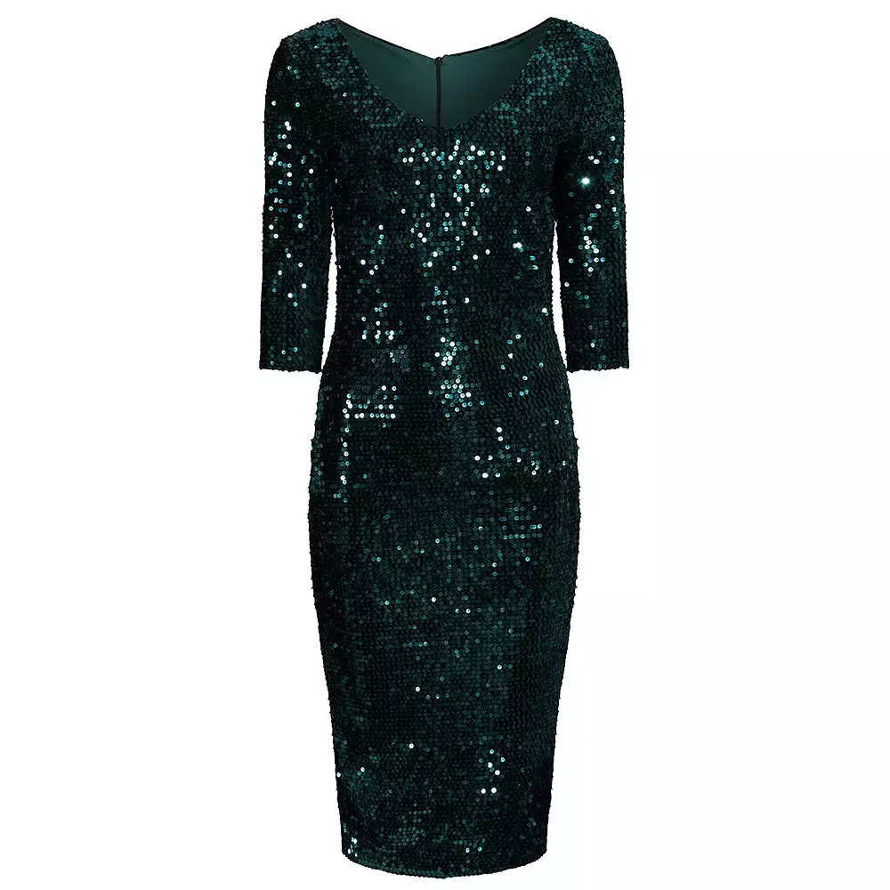 Emerald Green 3/4 Sleeve V Neck Velour Sequin Pencil Wiggle Party Dress