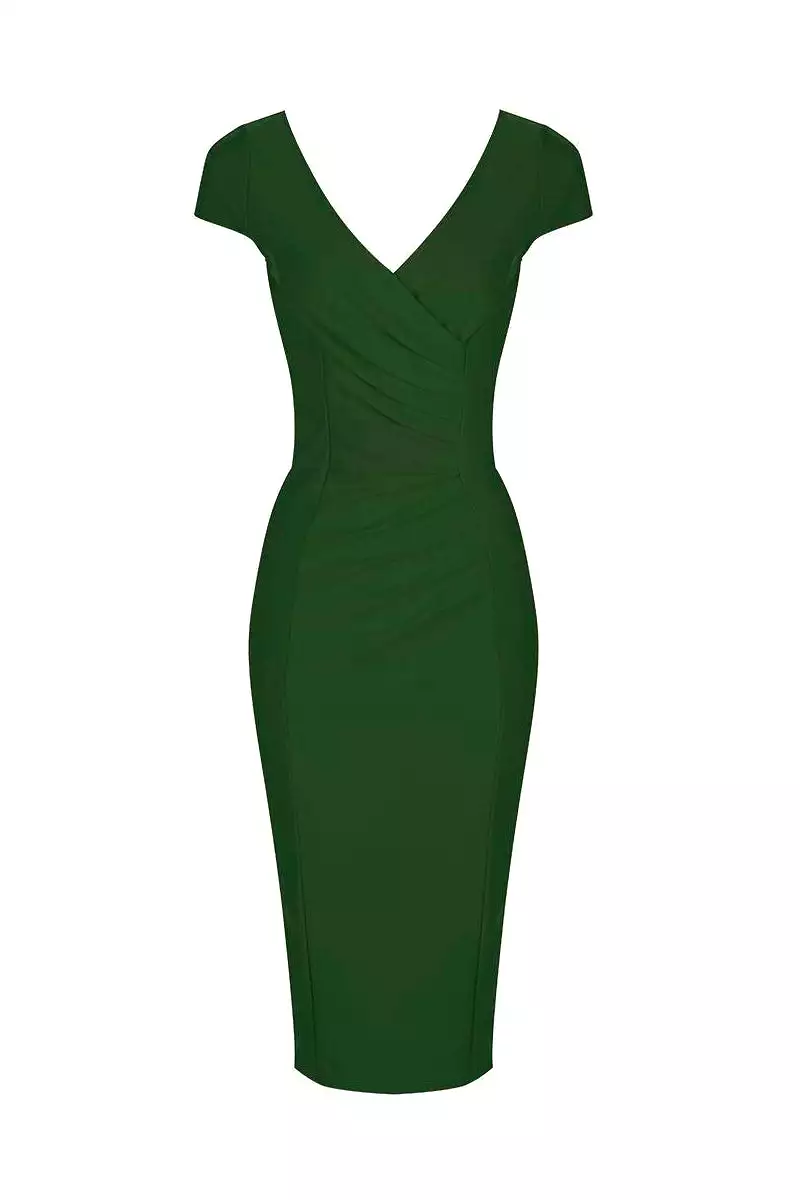 Emerald Green Cap Sleeve Crossover Top Bodycon Wiggle Pencil Dress