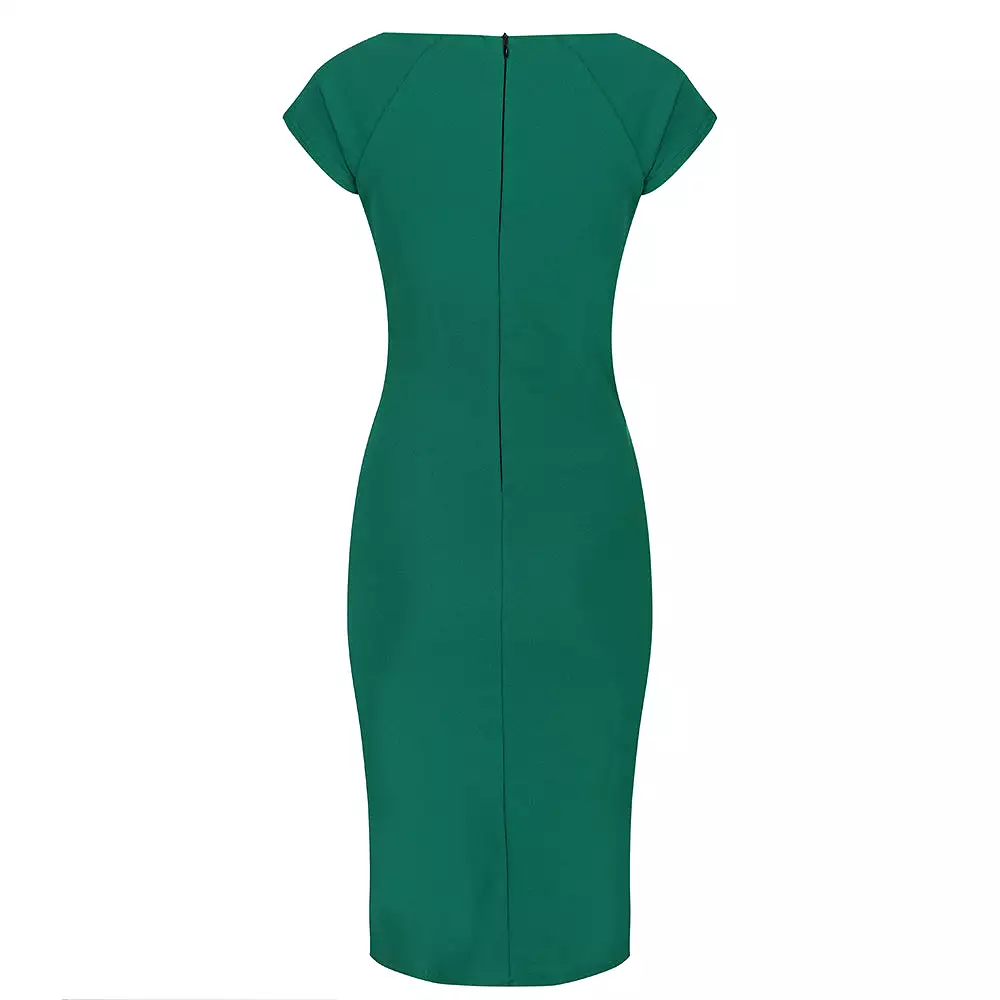 Emerald Green Capped Sleeve Ruched Bodycon Pencil Dress