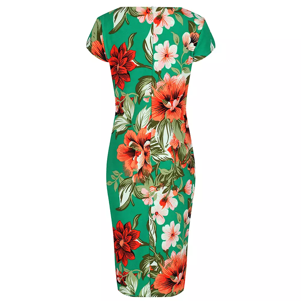 Emerald Green Floral Bodycon Cap Sleeve Wiggle Dress