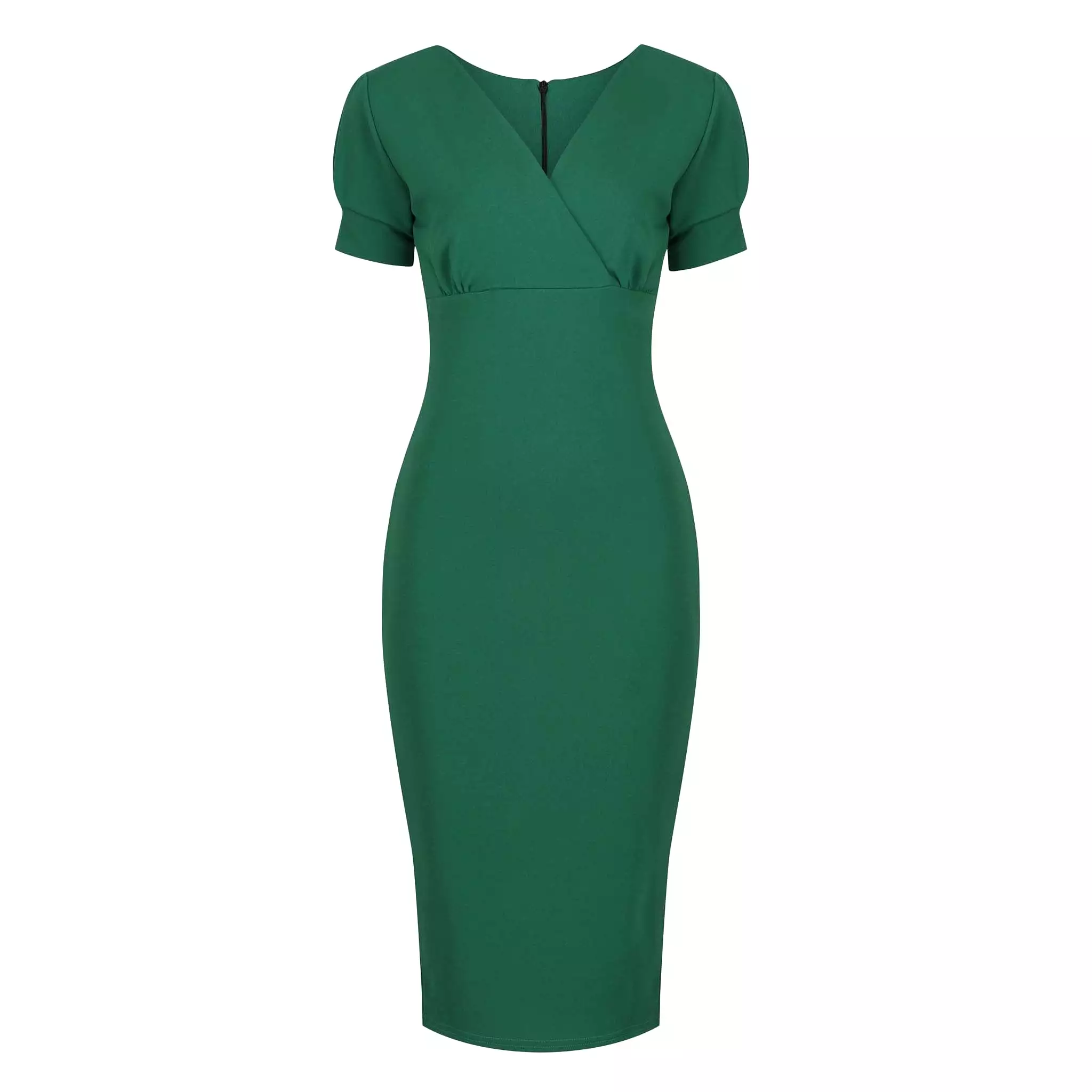 Emerald Green Puff Sleeve V Neck Bodycon Pencil Dress