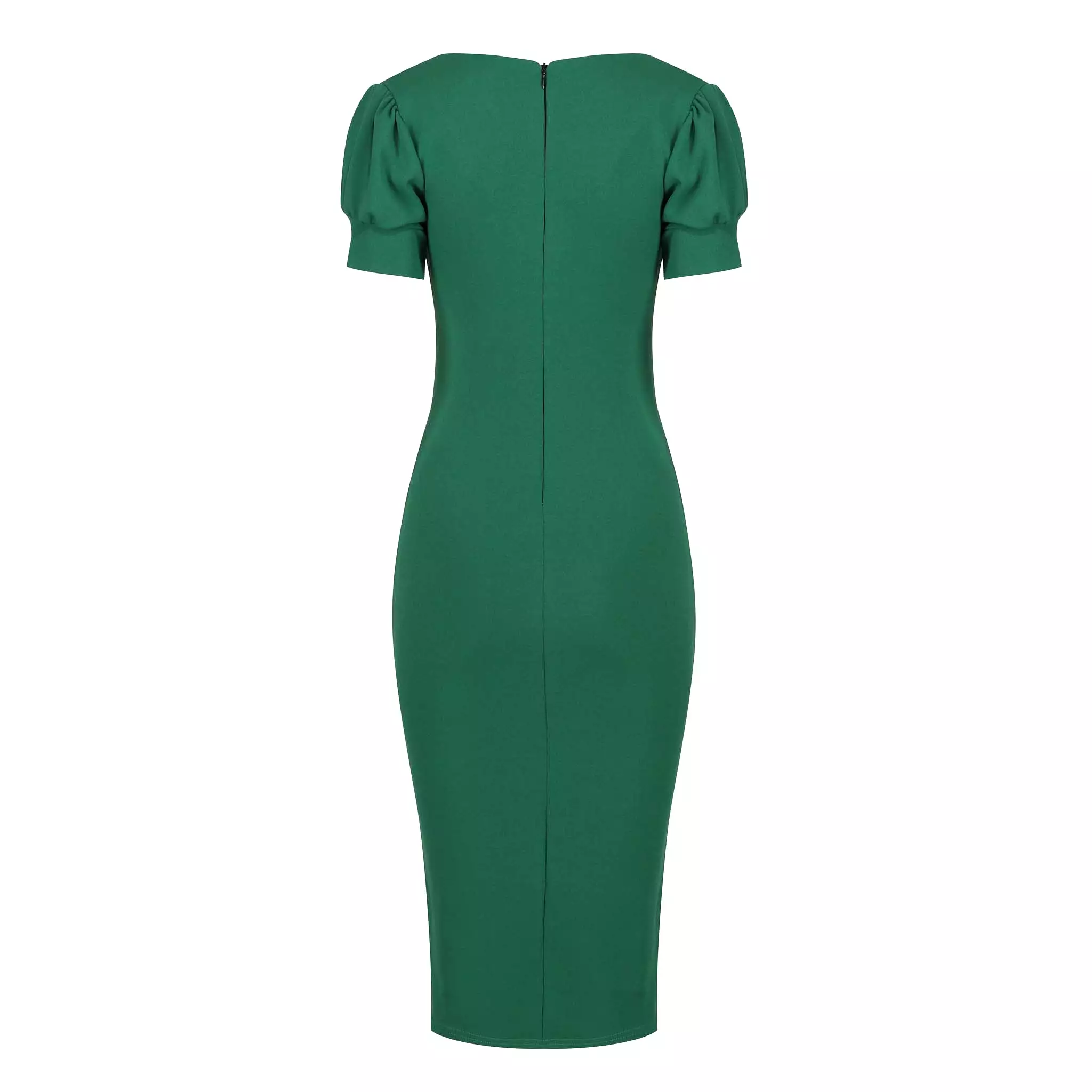 Emerald Green Puff Sleeve V Neck Bodycon Pencil Dress