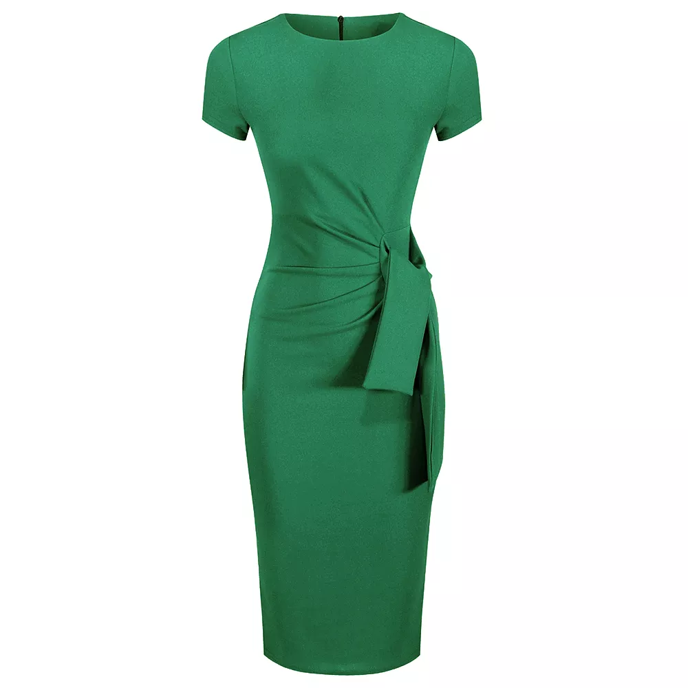 Emerald Green Short Sleeve Ruched Tie Bodycon Pencil Dress