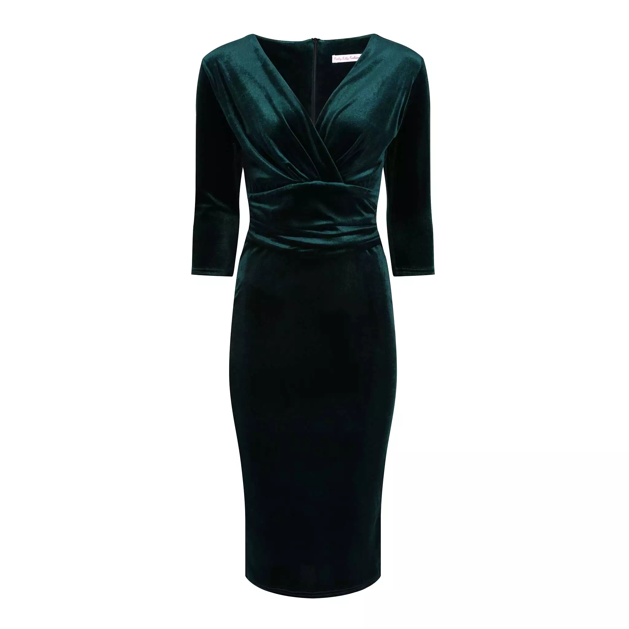 Emerald Green Velour Deep V 3/4 Sleeve Bodycon Ruched Waist Wiggle Dress