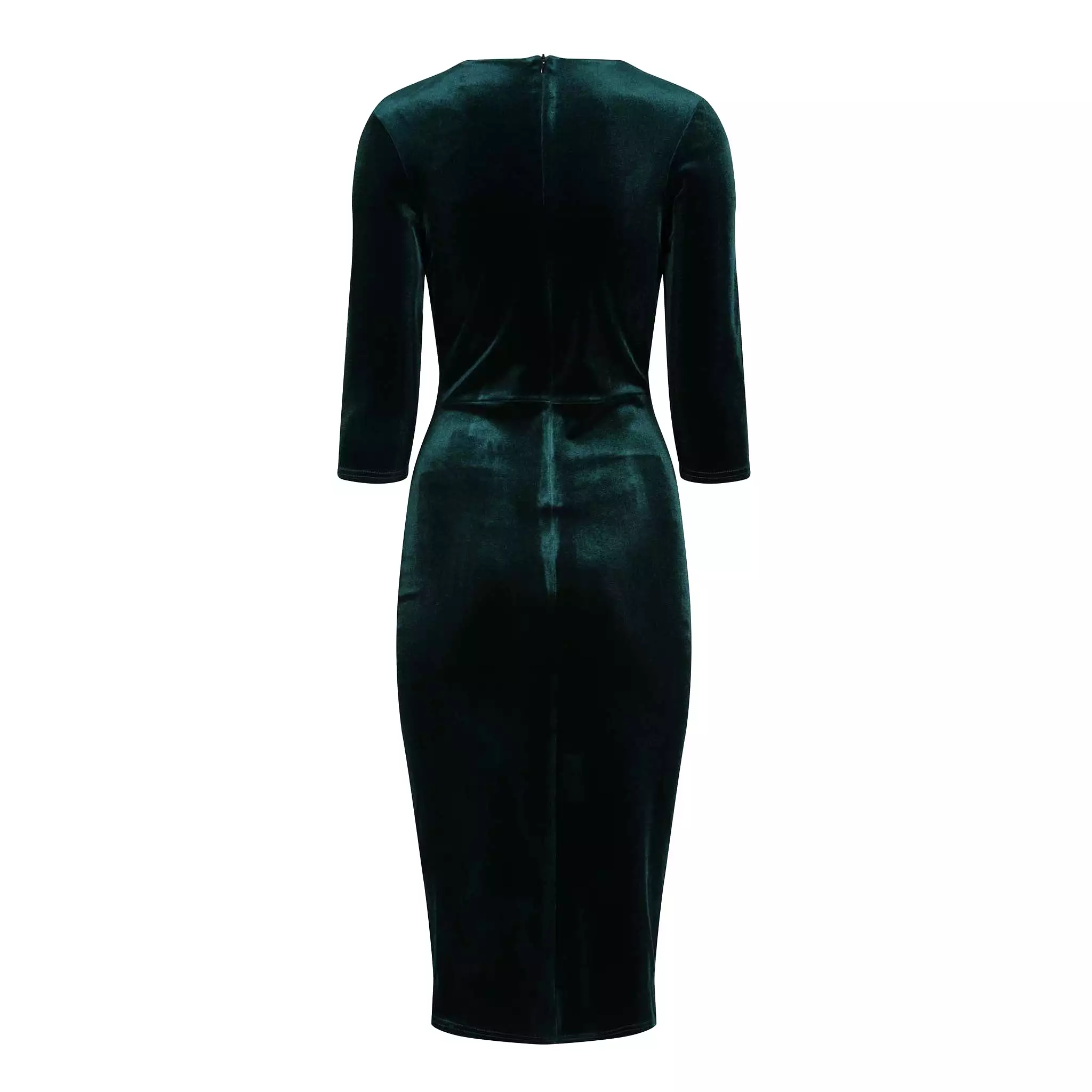 Emerald Green Velour Deep V 3/4 Sleeve Bodycon Ruched Waist Wiggle Dress