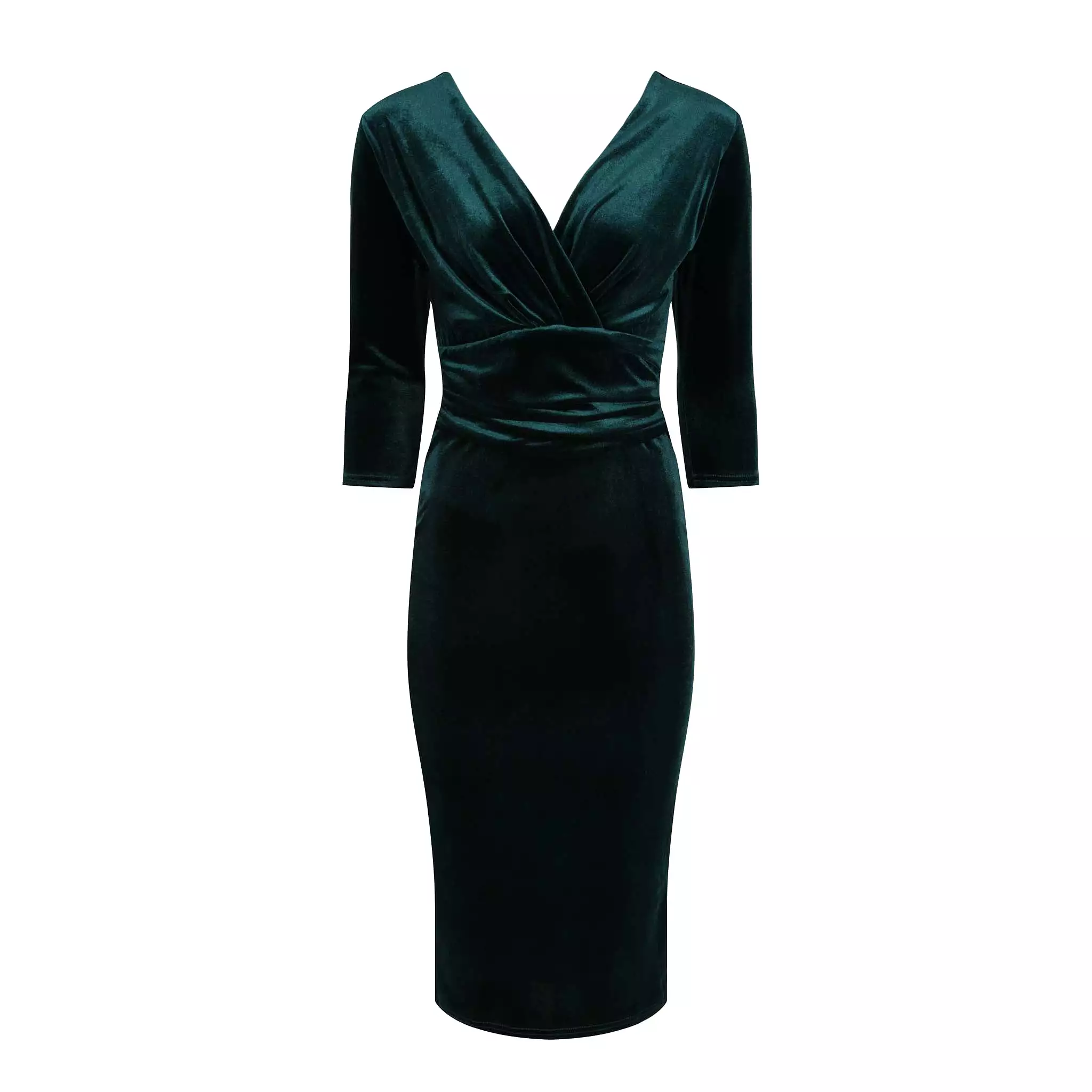 Emerald Green Velour Deep V 3/4 Sleeve Bodycon Ruched Waist Wiggle Dress