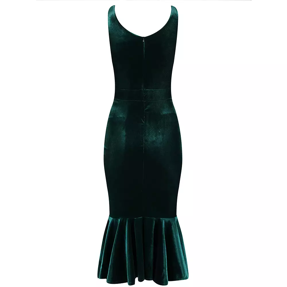 Emerald Green Velour Sleeveless Peplum Hem V Neck Wiggle Dress