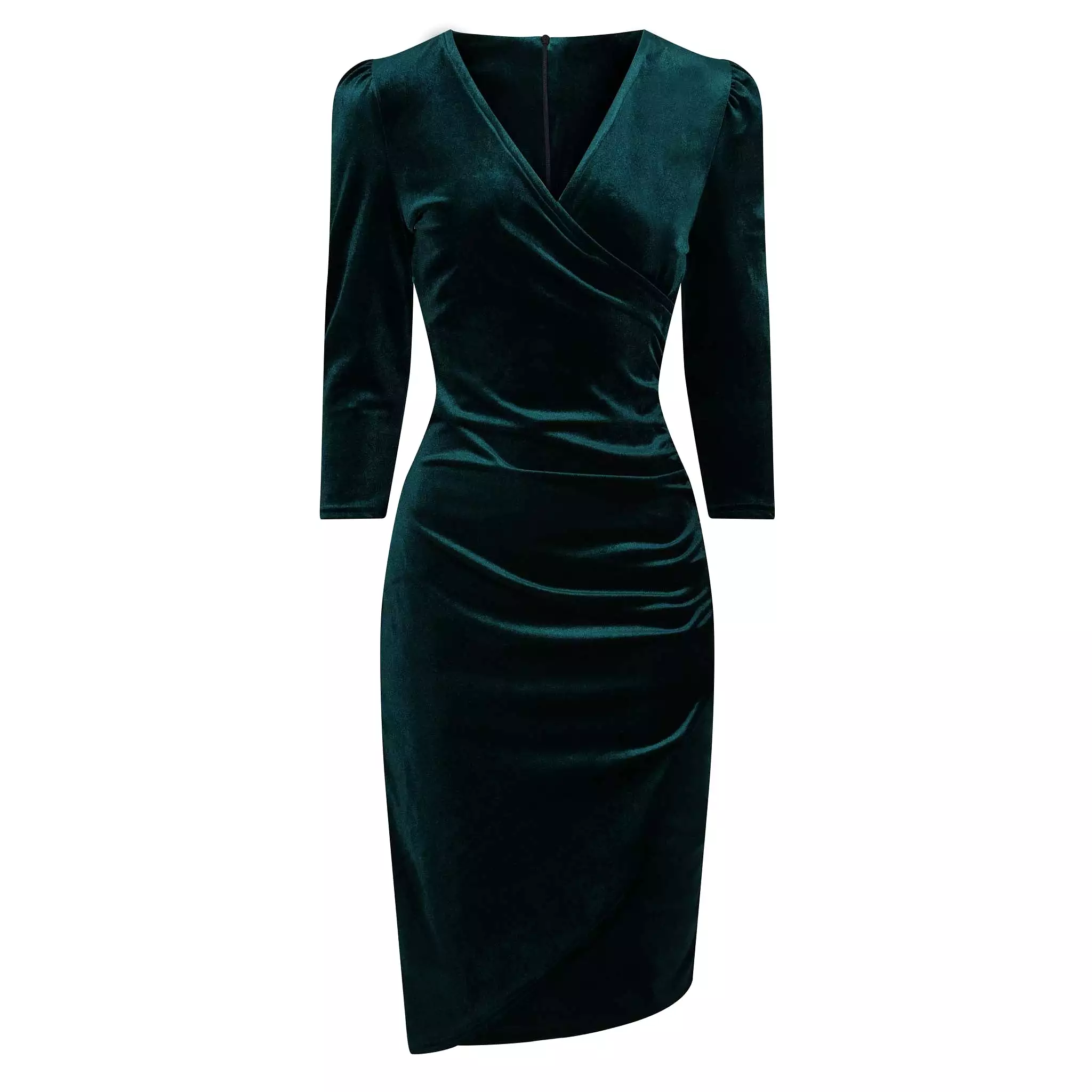 Emerald Green Velour Wrapover 3/4 Sleeve Midi Dress