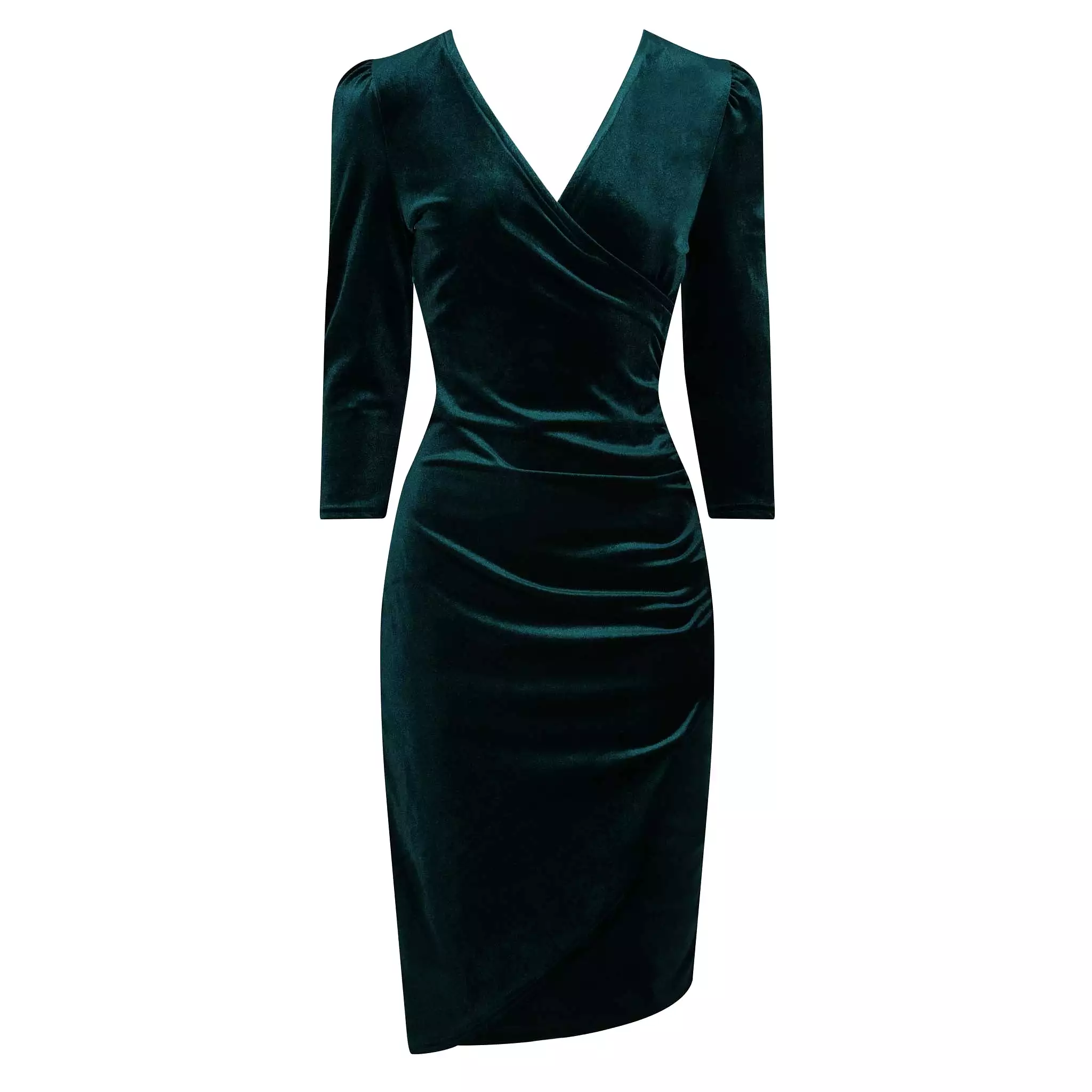 Emerald Green Velour Wrapover 3/4 Sleeve Midi Dress