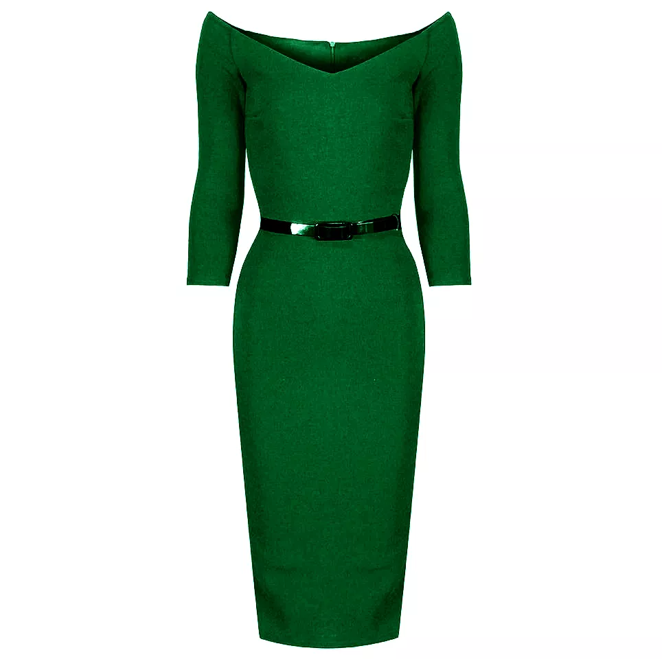 Emerald Green Wide V Neck 3/4 Sleeve Belted Bodycon Pencil Dress