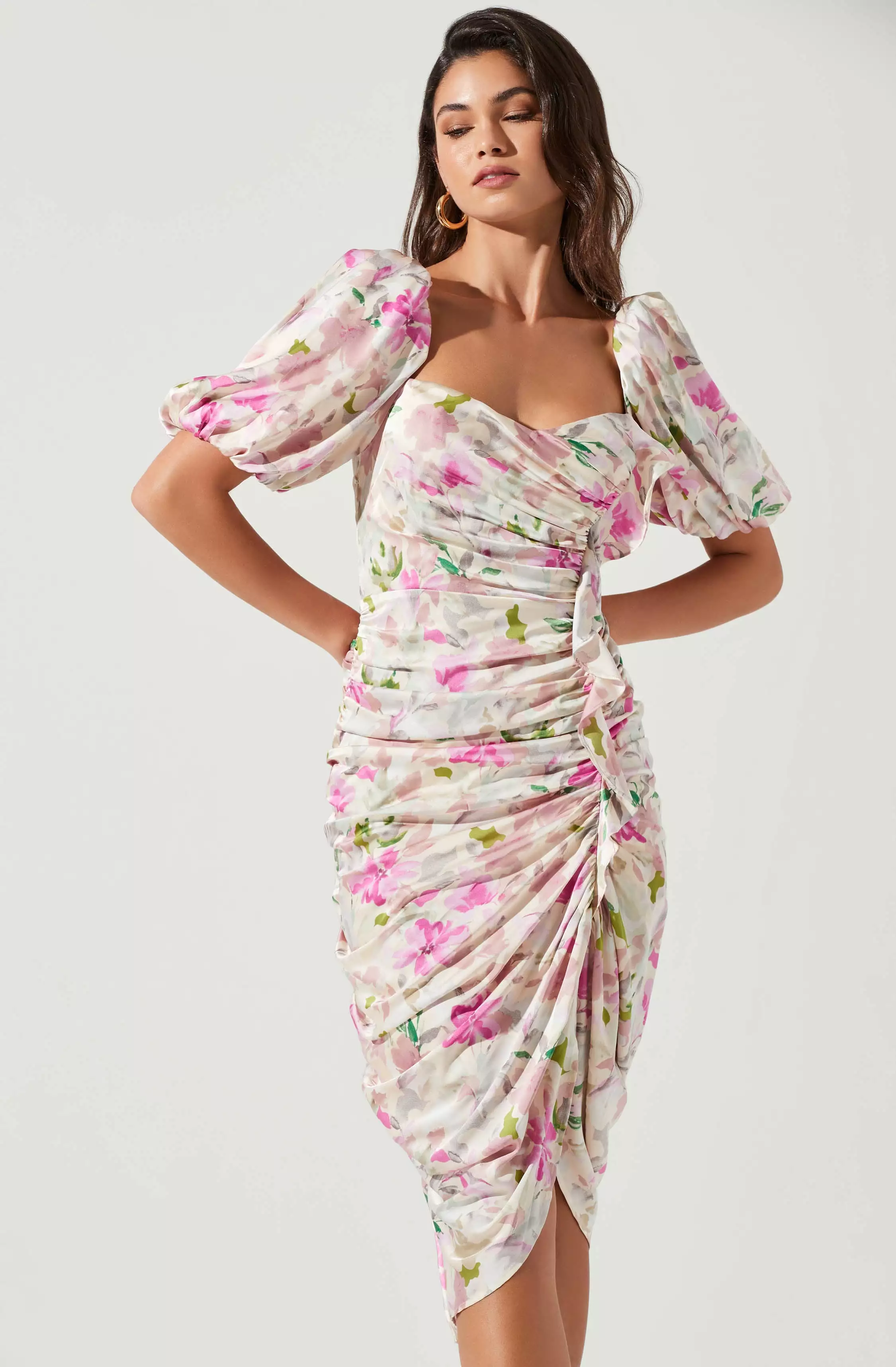 Emma Floral Ruched Bubble Sleeve Midi Dress