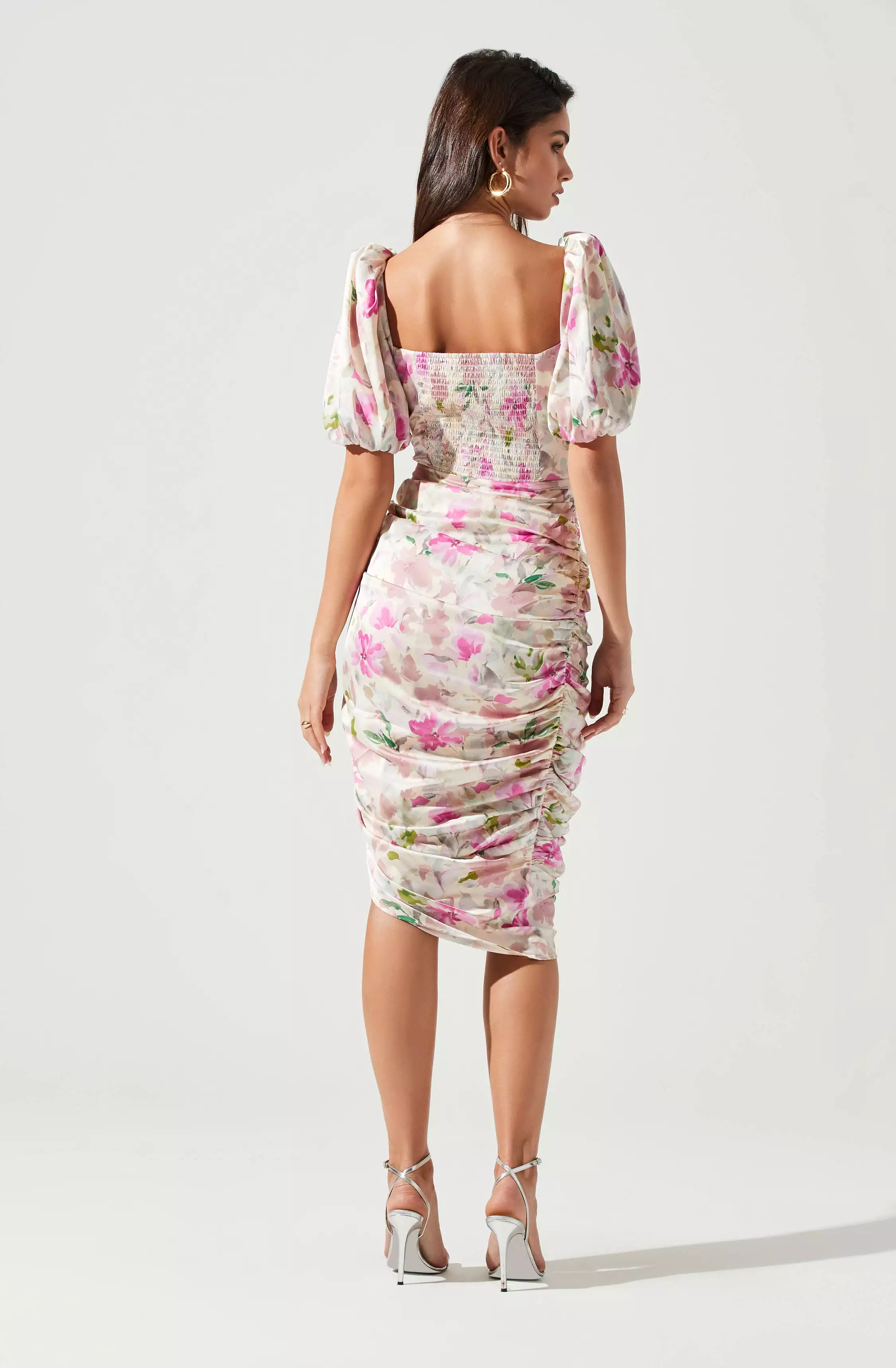 Emma Floral Ruched Bubble Sleeve Midi Dress