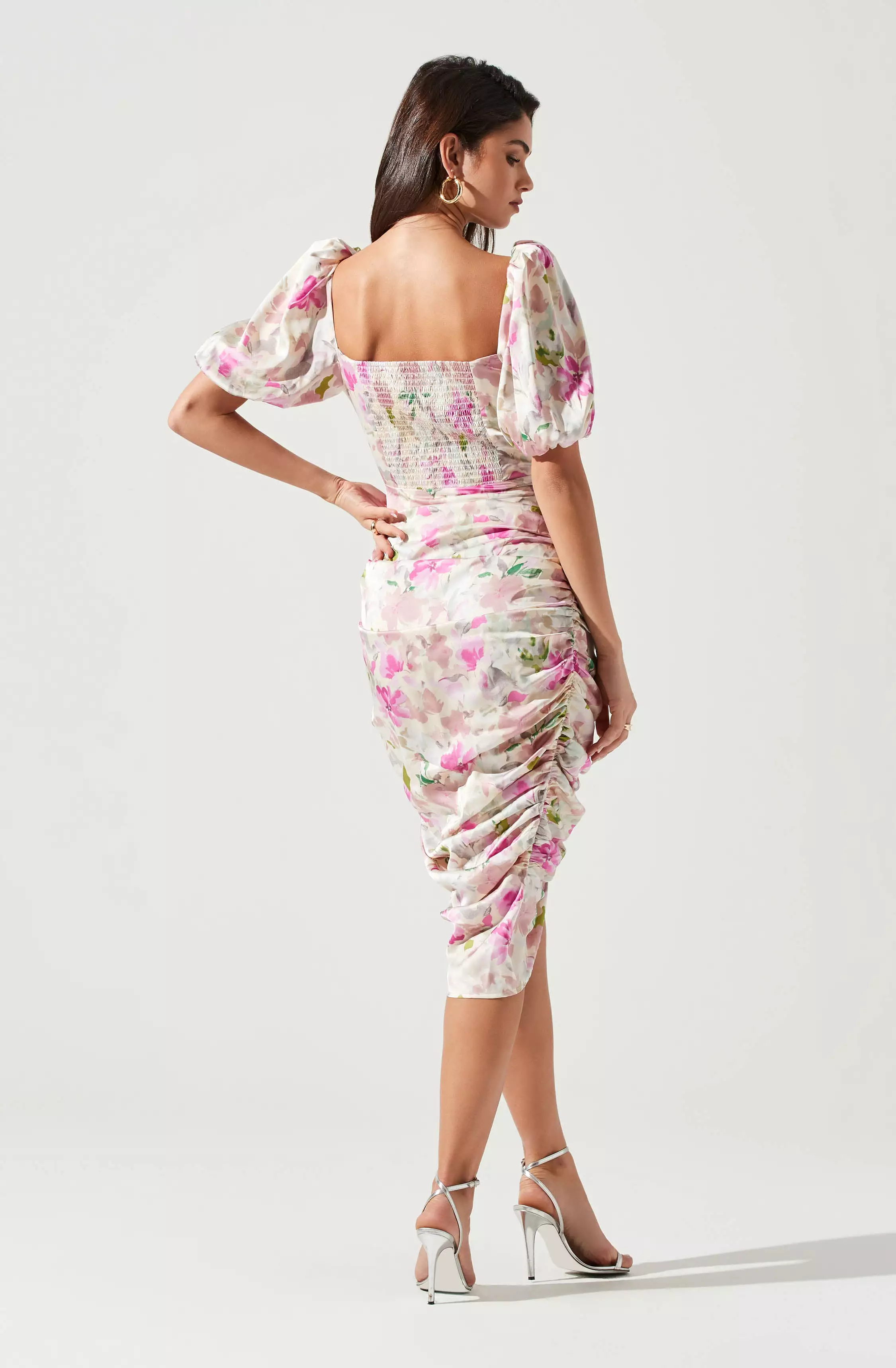 Emma Floral Ruched Bubble Sleeve Midi Dress