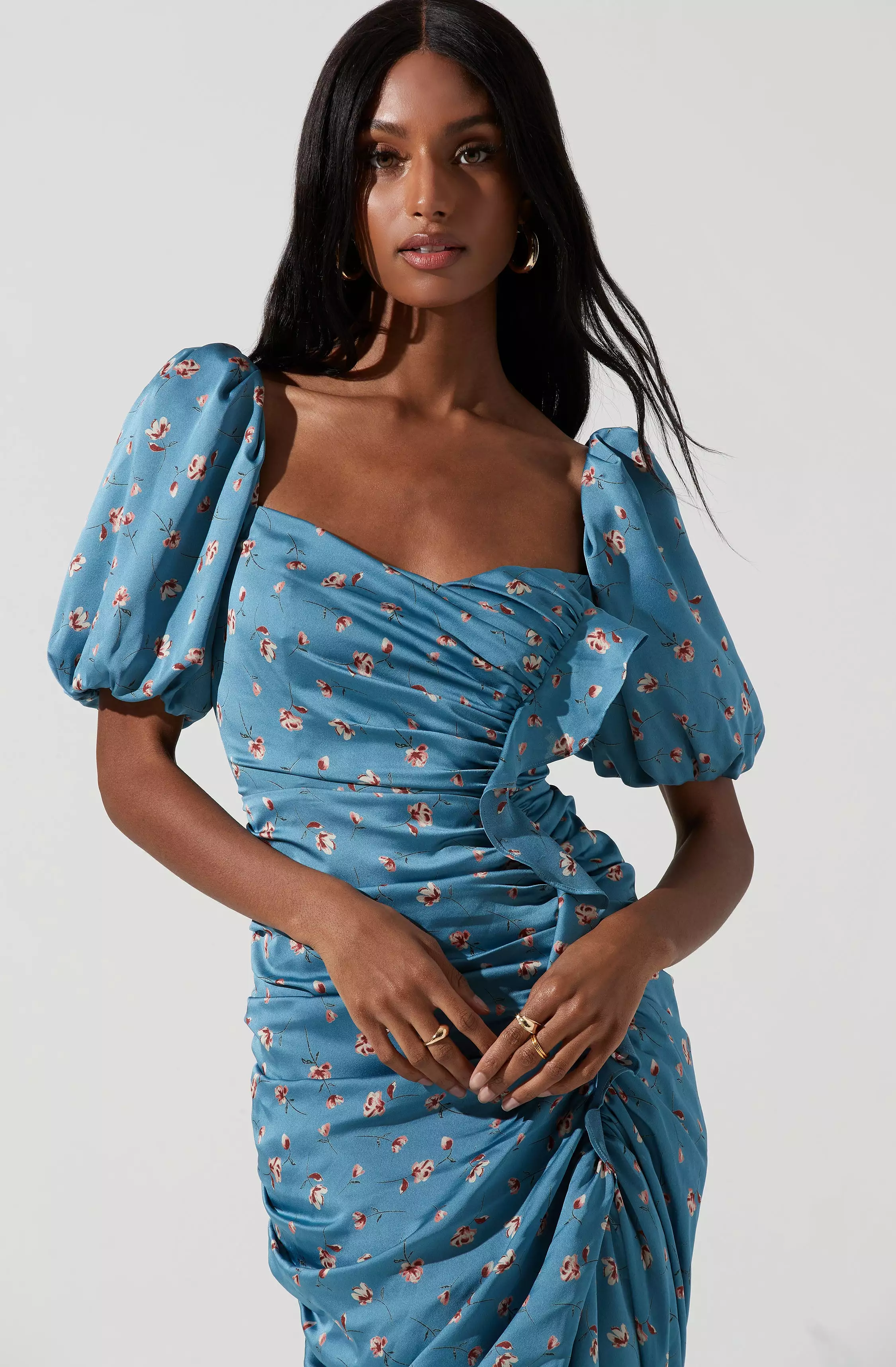 Emma Floral Ruched Bubble Sleeve Midi Dress