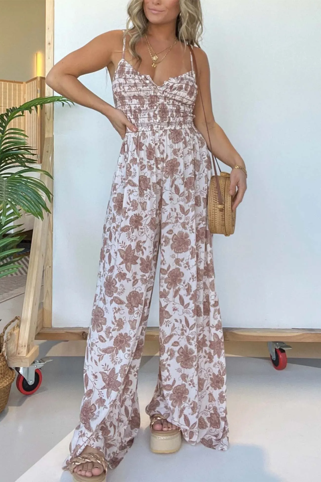 Floral Sleeveless V Neck Wide Leg Jumpsuit