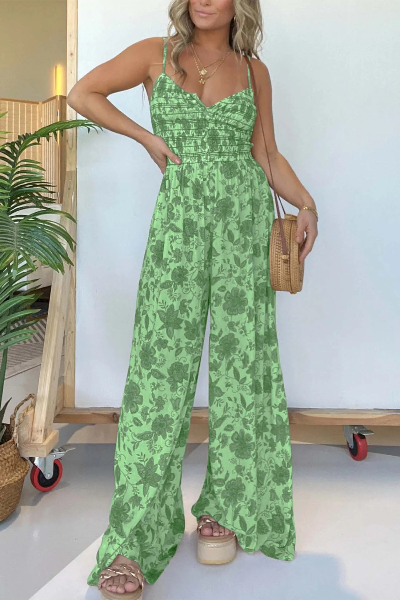 Floral Sleeveless V Neck Wide Leg Jumpsuit