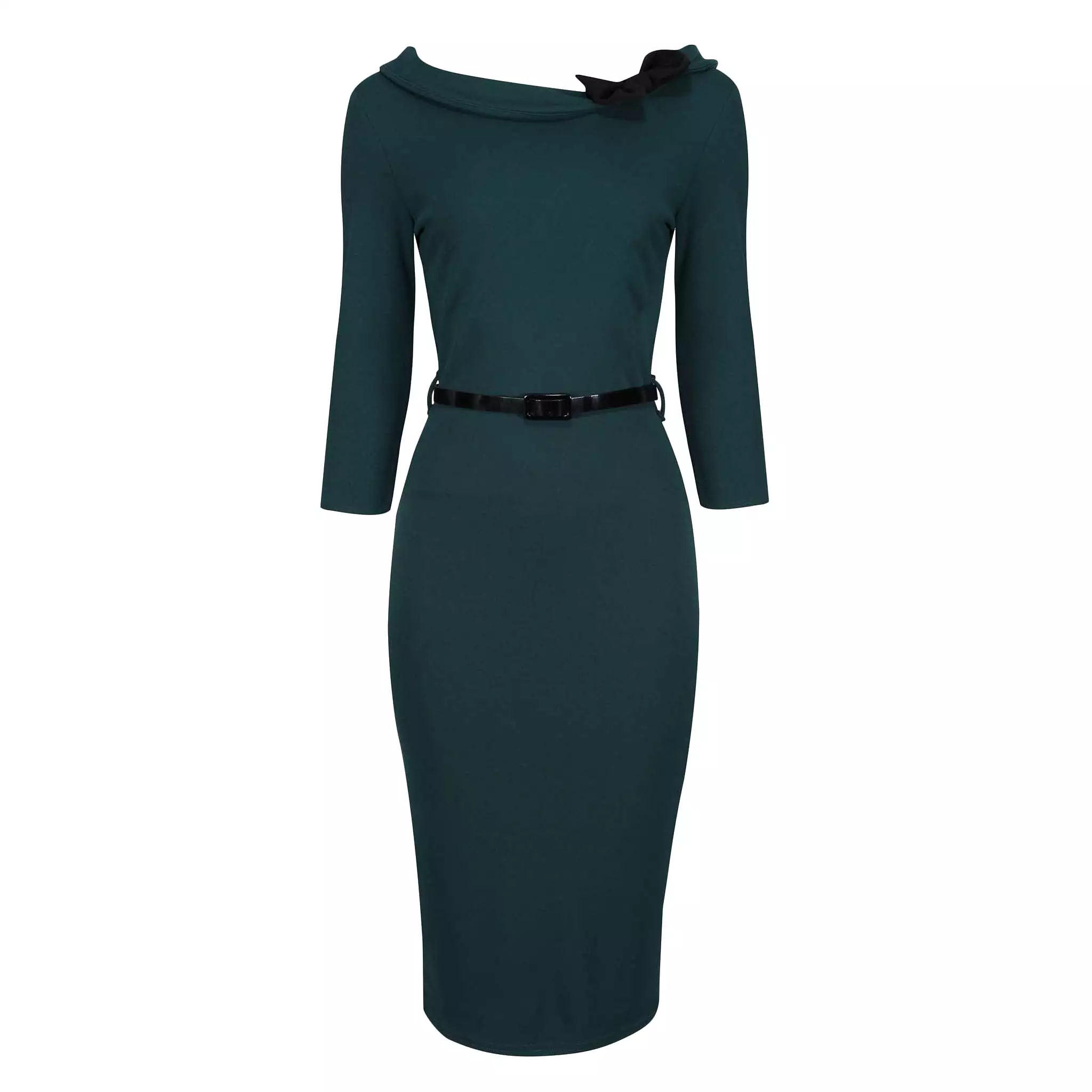 Forest Green Black Belted Bow Pencil Dress