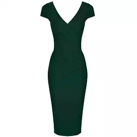 Forest Green Cap Sleeve Crossover Top Bodycon Wiggle Pencil Dress