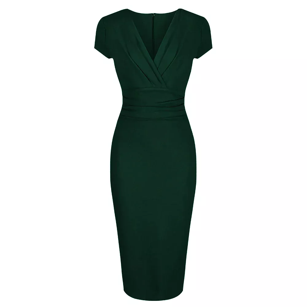 Forest Green Deep V Cap Sleeve Bodycon Ruched Waist Wiggle Dress