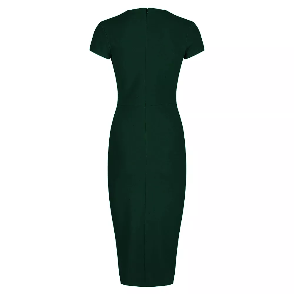 Forest Green Deep V Cap Sleeve Bodycon Ruched Waist Wiggle Dress