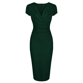 Forest Green Deep V Cap Sleeve Bodycon Ruched Waist Wiggle Dress