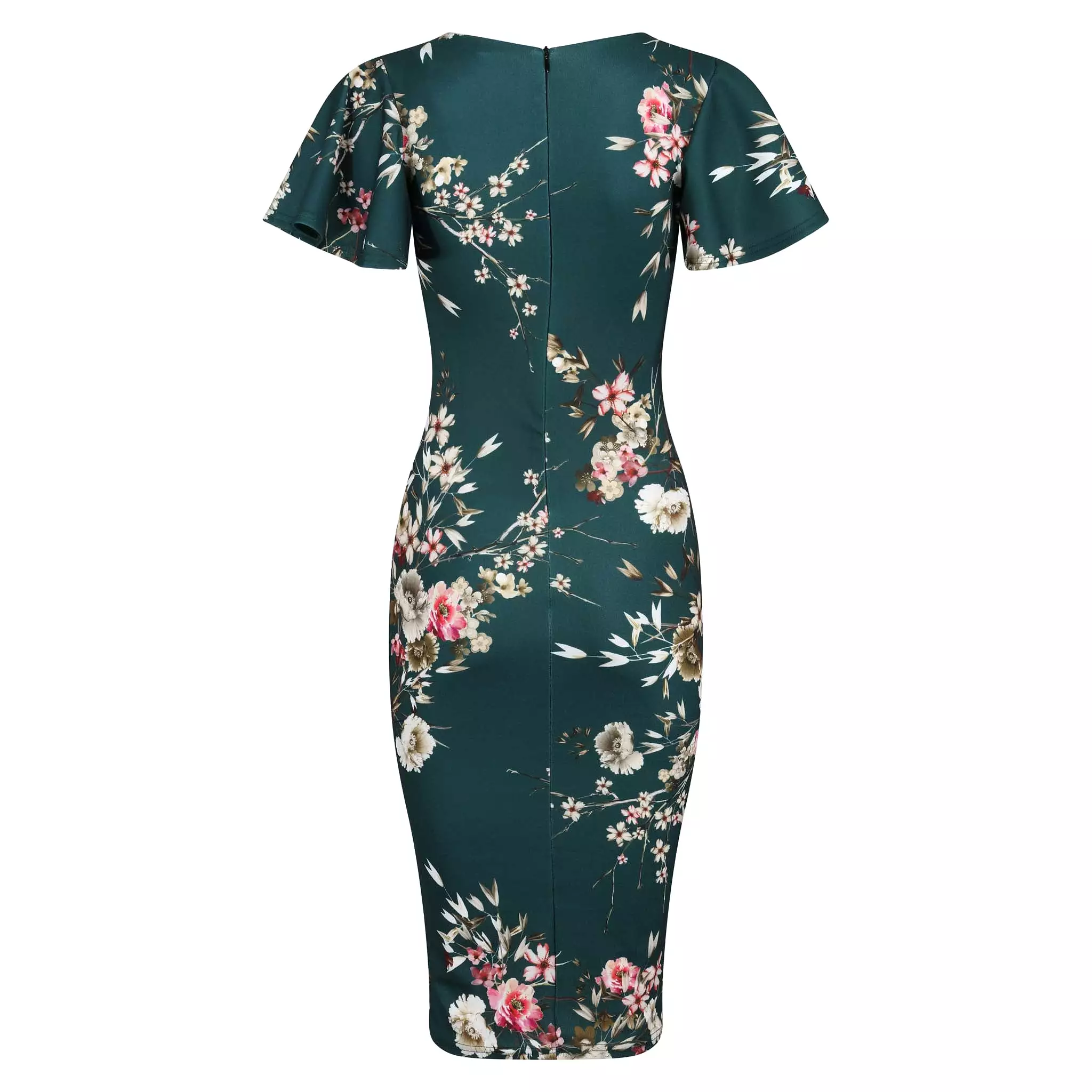 Forest Green Floral Half Sleeve Deep V Neck Crossover Top Wiggle Dress