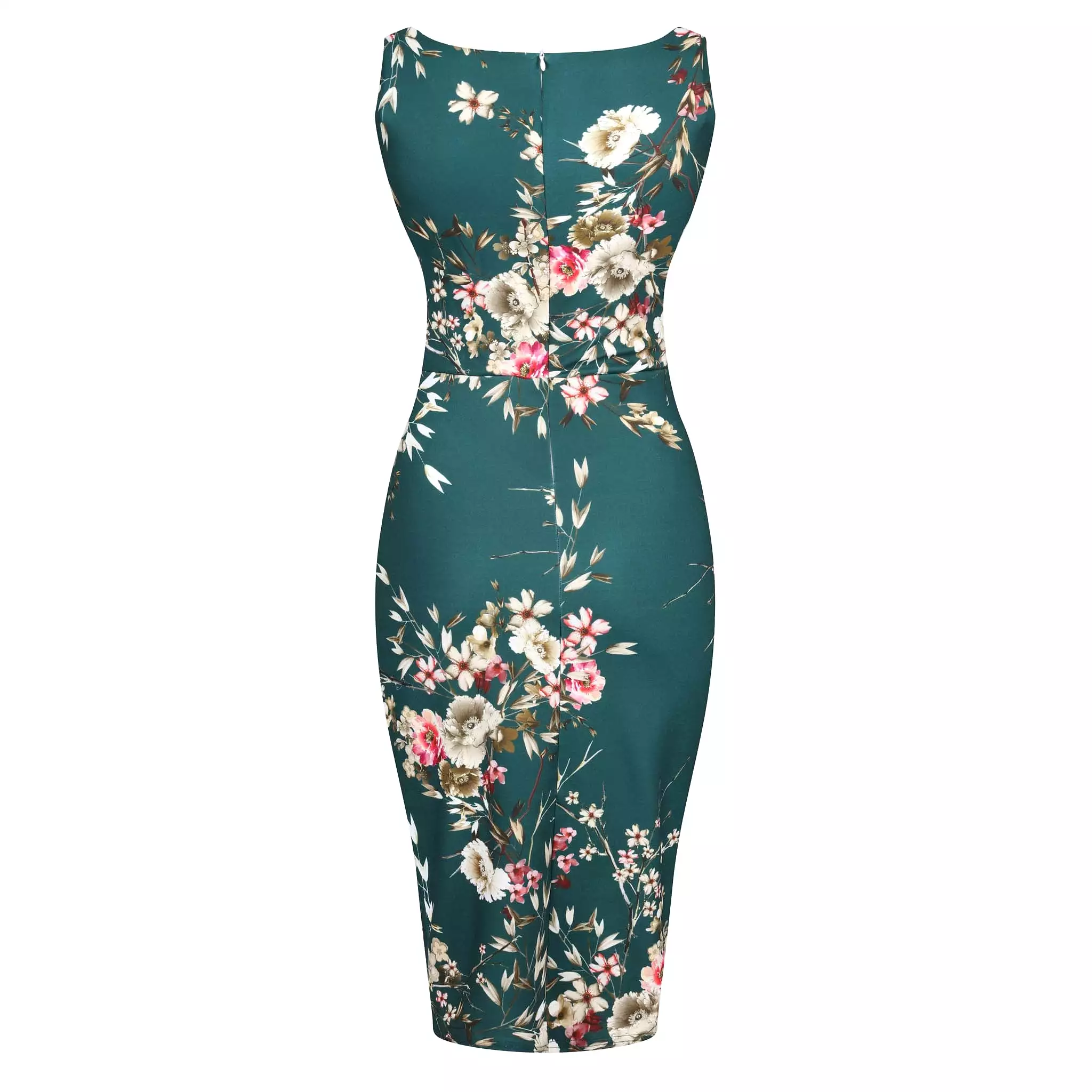 Forest Green Floral Print High Neck 40s Style Sleeveless Wiggle Dress