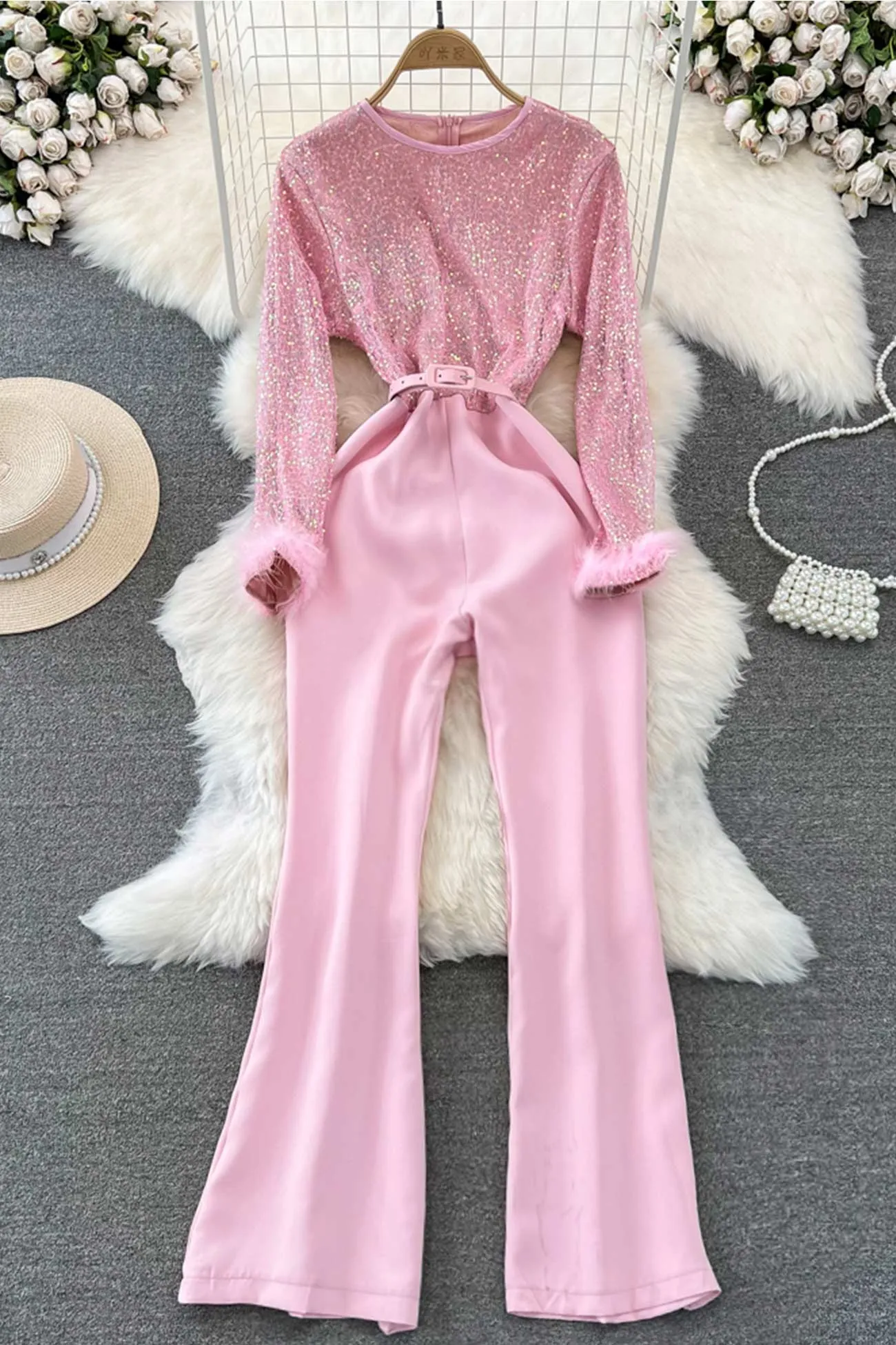 Fuzzy Sleeves Glitter Patchwork Jumpsuits