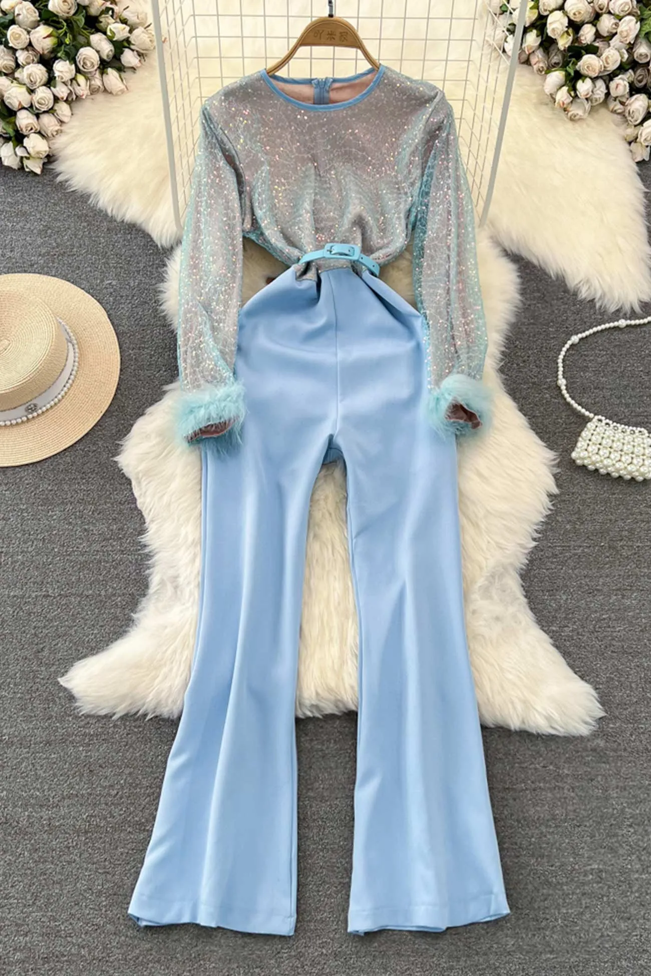 Fuzzy Sleeves Glitter Patchwork Jumpsuits