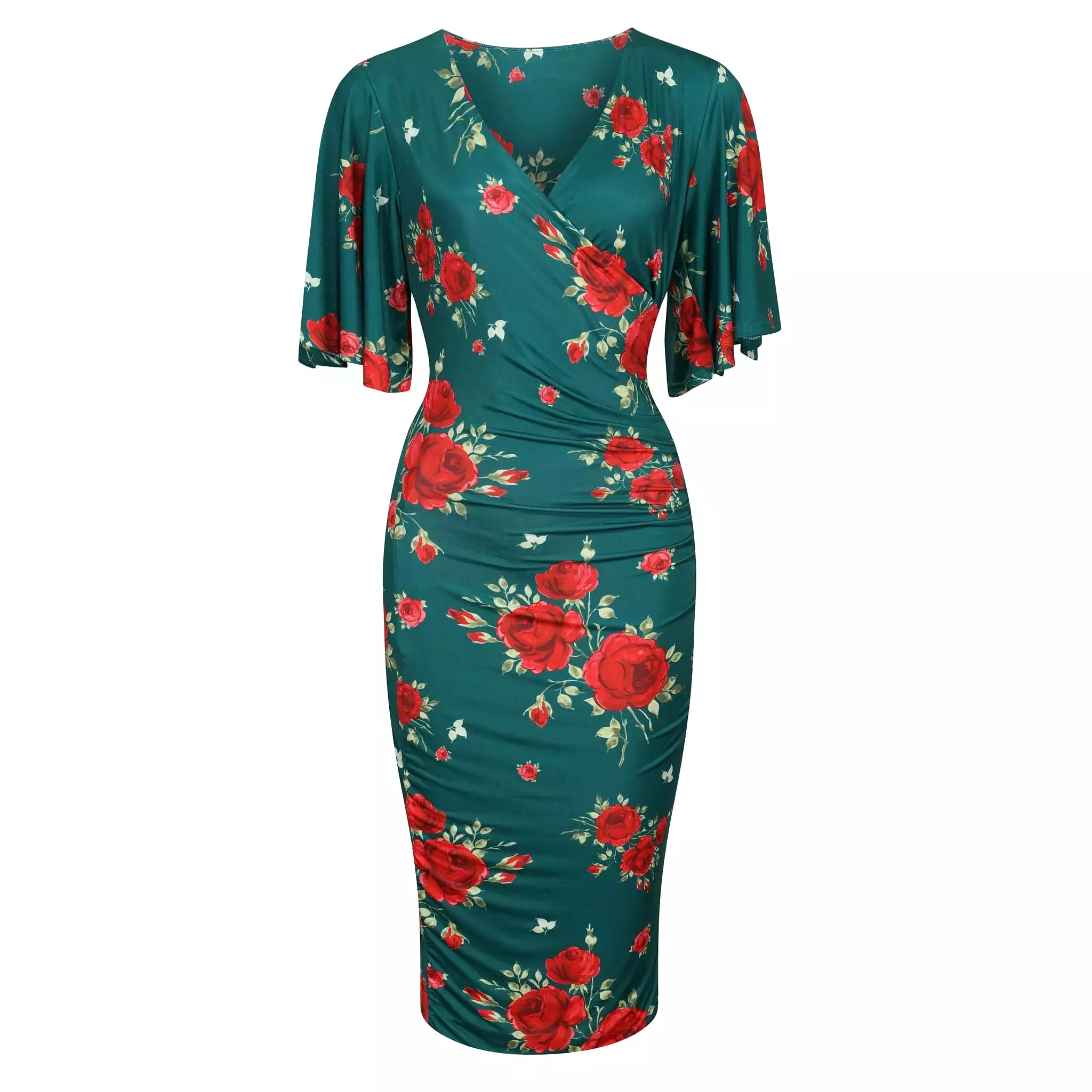 Green And Red Floral Print Butterfly Sleeve Slinky Pencil Cocktail Dress