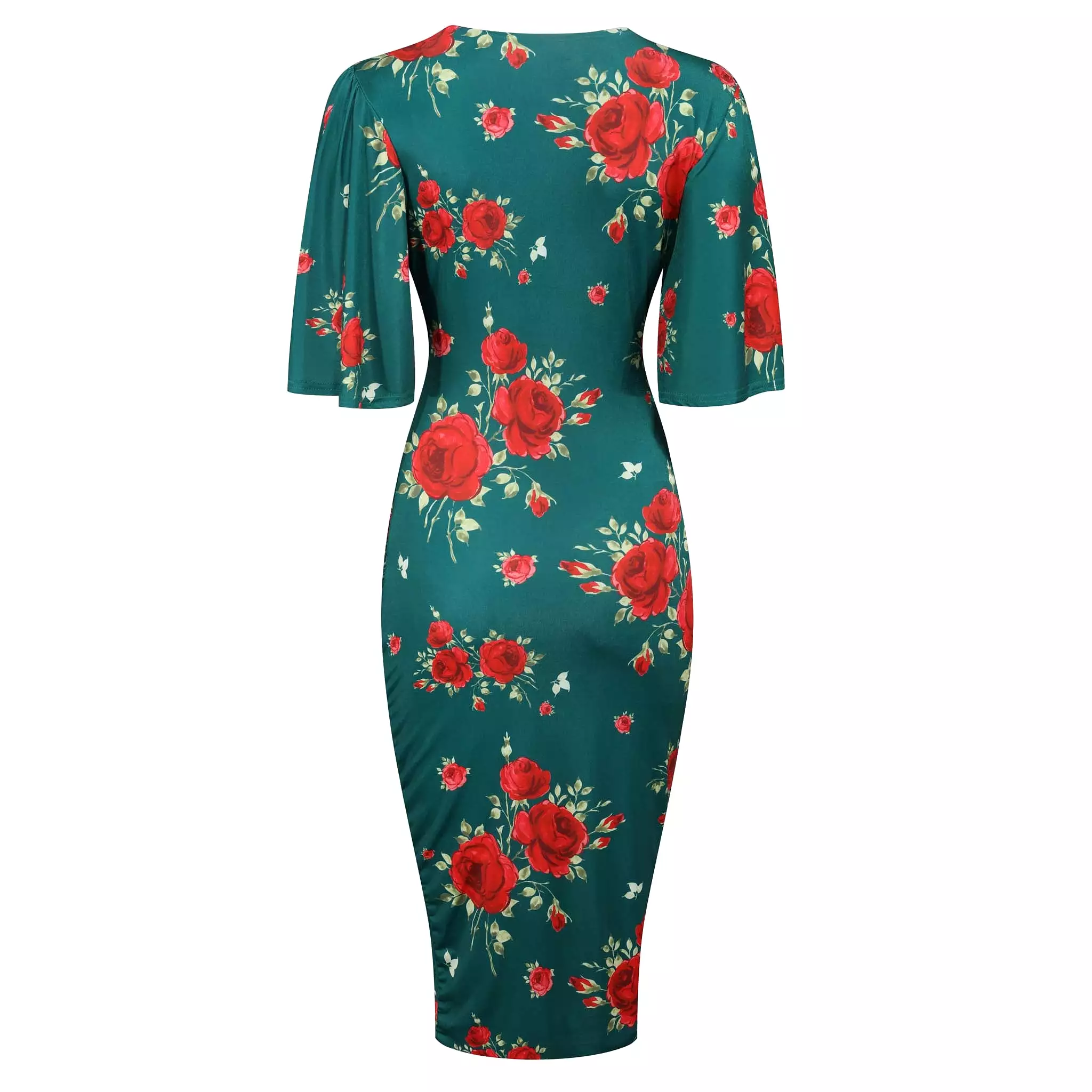 Green And Red Floral Print Butterfly Sleeve Slinky Pencil Cocktail Dress