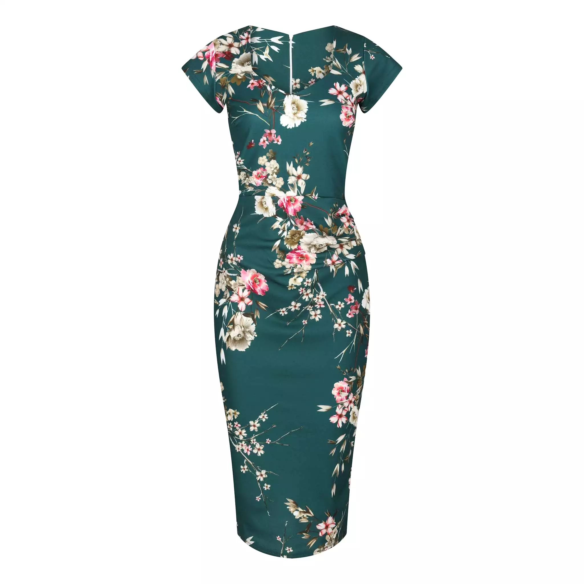 Green Floral Print Cap Sleeve V Neck 40s Style Wiggle Dress