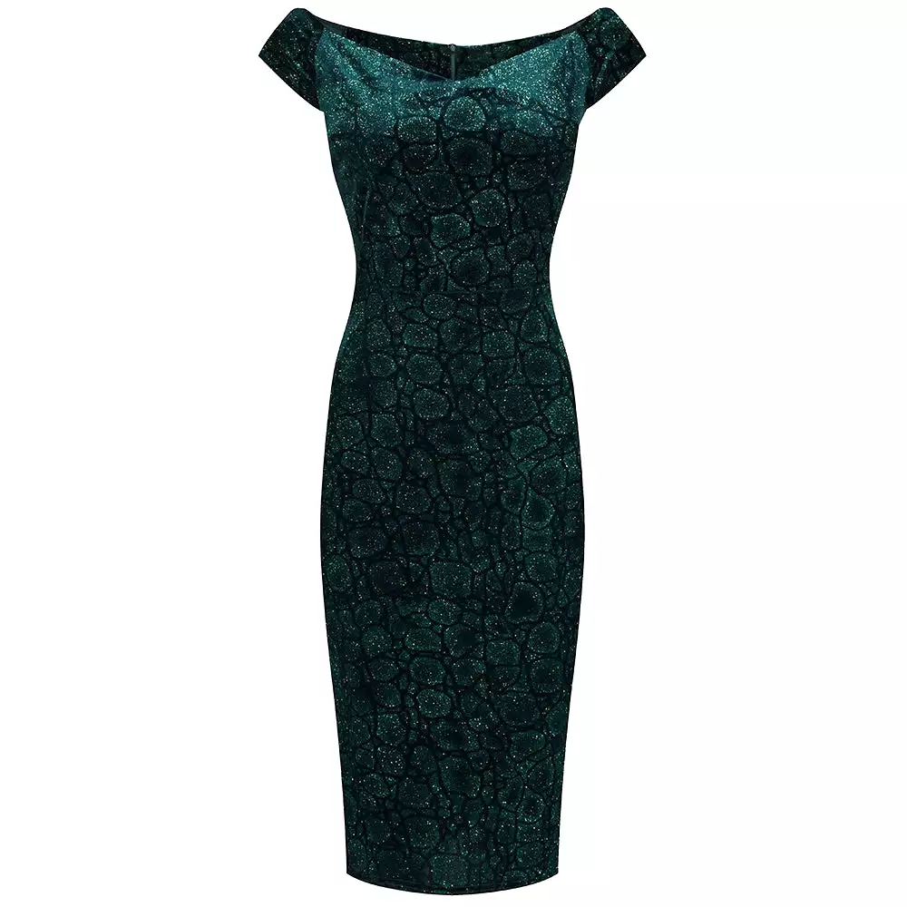 Green Vintage Animal Print Velvet Capped Sleeve Wiggle Dress