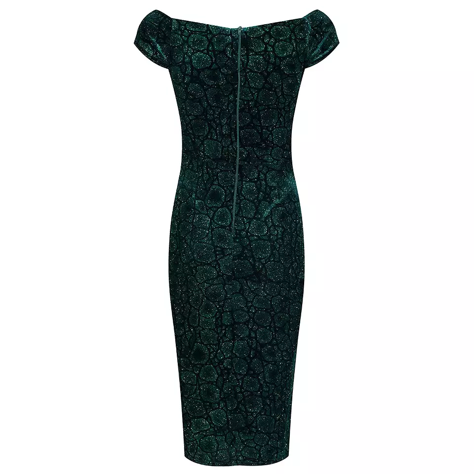 Green Vintage Animal Print Velvet Capped Sleeve Wiggle Dress