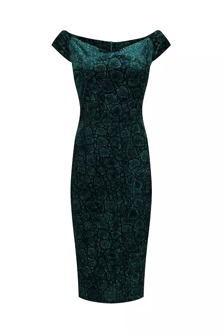 Green Vintage Animal Print Velvet Capped Sleeve Wiggle Dress