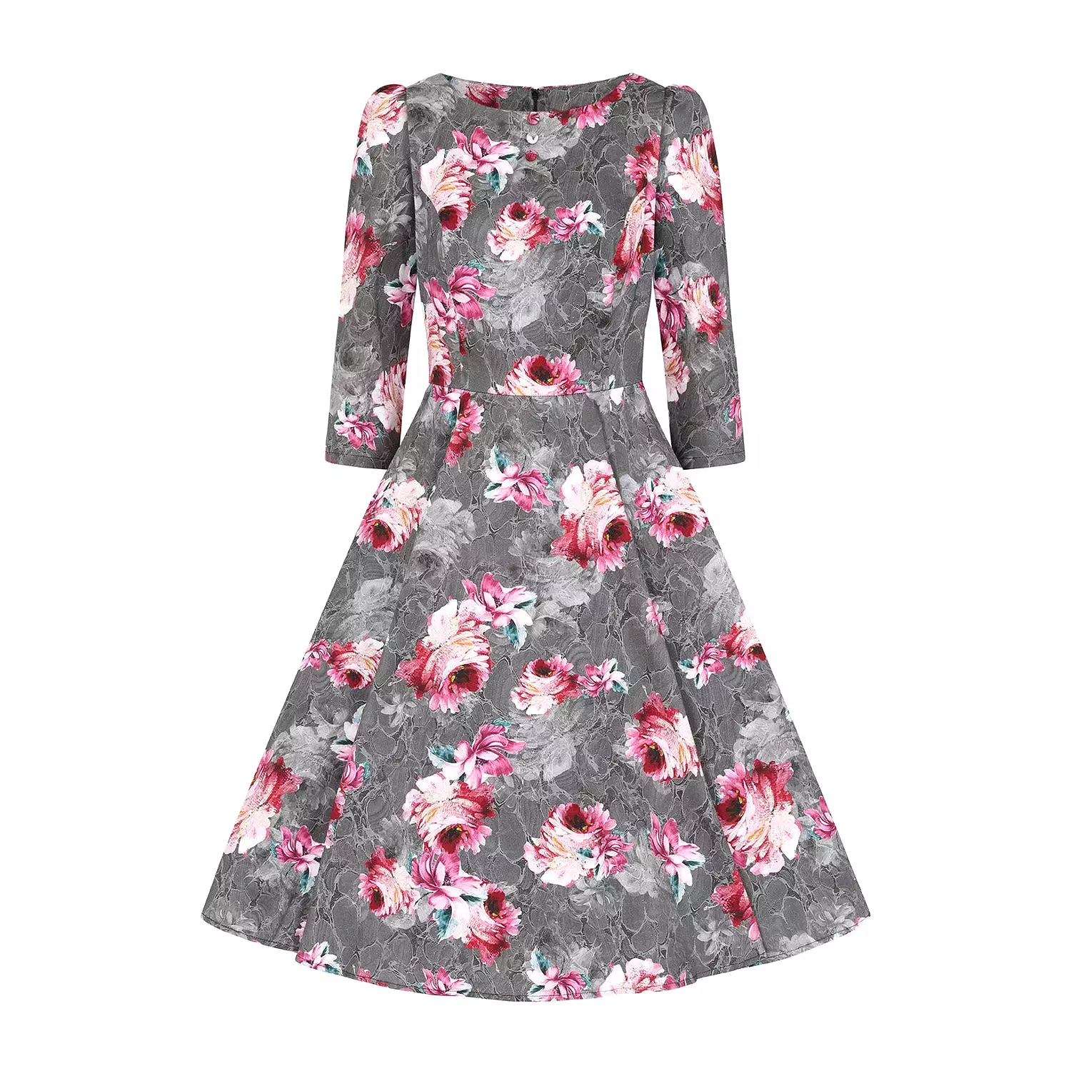 Grey Pink Floral Print 50 3/4 Sleeve Swing Tea Dress With Pockets