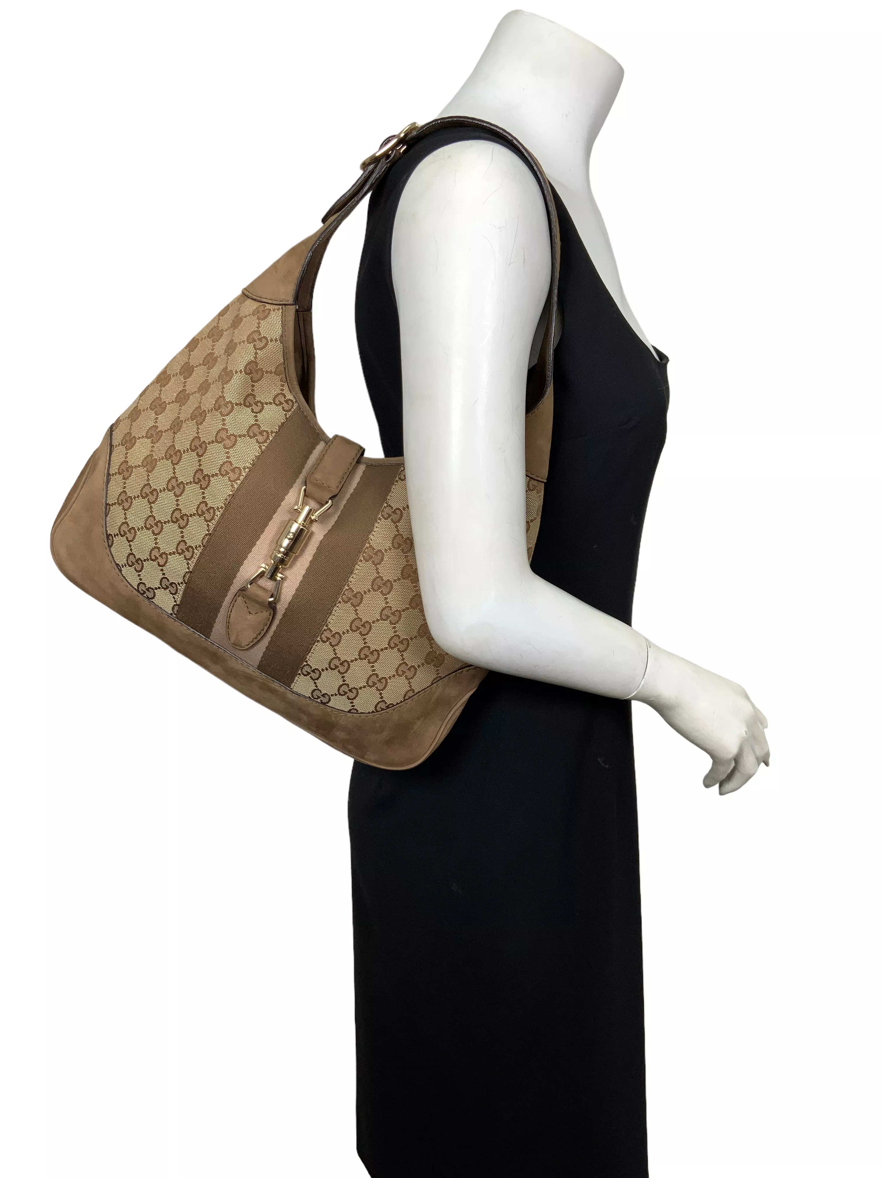 Gucci Monogram Canvas and Suede Medium Jackie O Hobo Bag