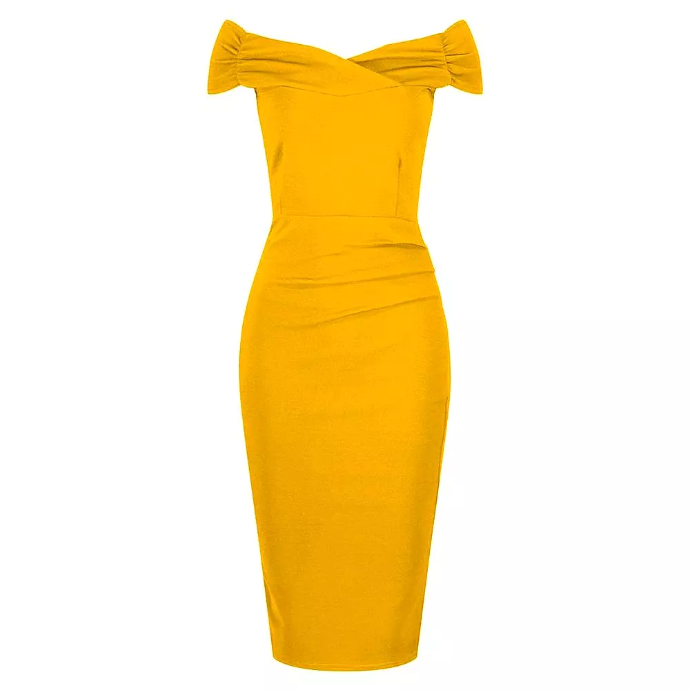 Honey Mustard Yellow Cap Sleeve Crossover Top Bardot Wiggle Dress