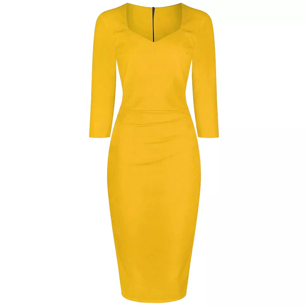 Honey Yellow 3/4 Sleeve Bodycon Pencil  Dress