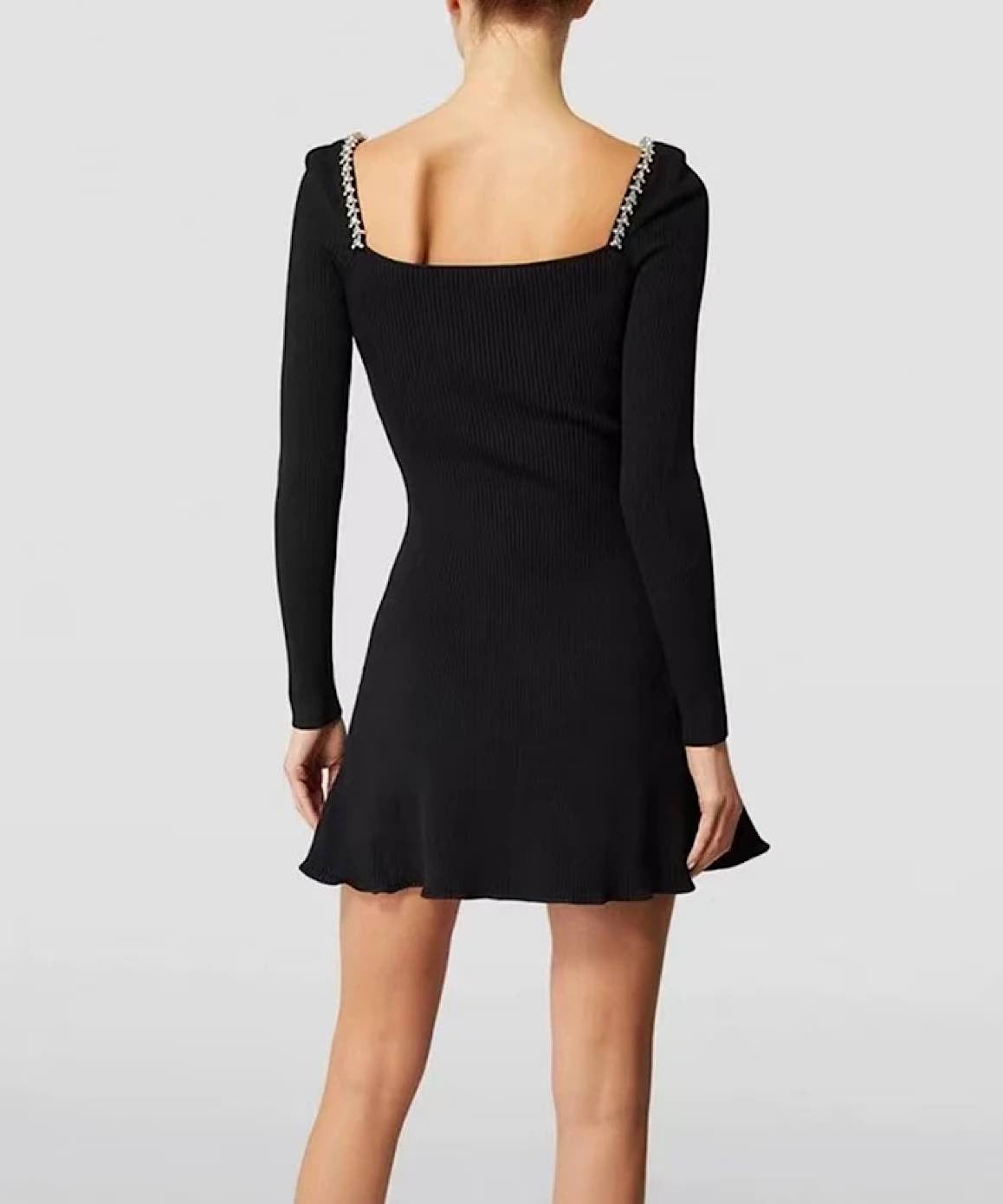 Jeweled Square Collar Black Knit Dress