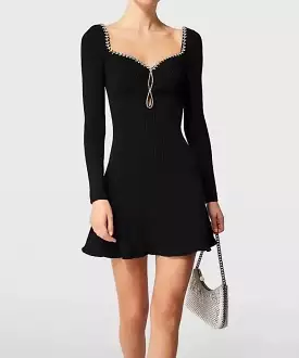 Jeweled Square Collar Black Knit Dress