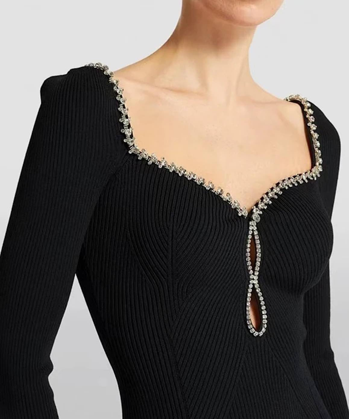 Jeweled Square Collar Black Knit Dress