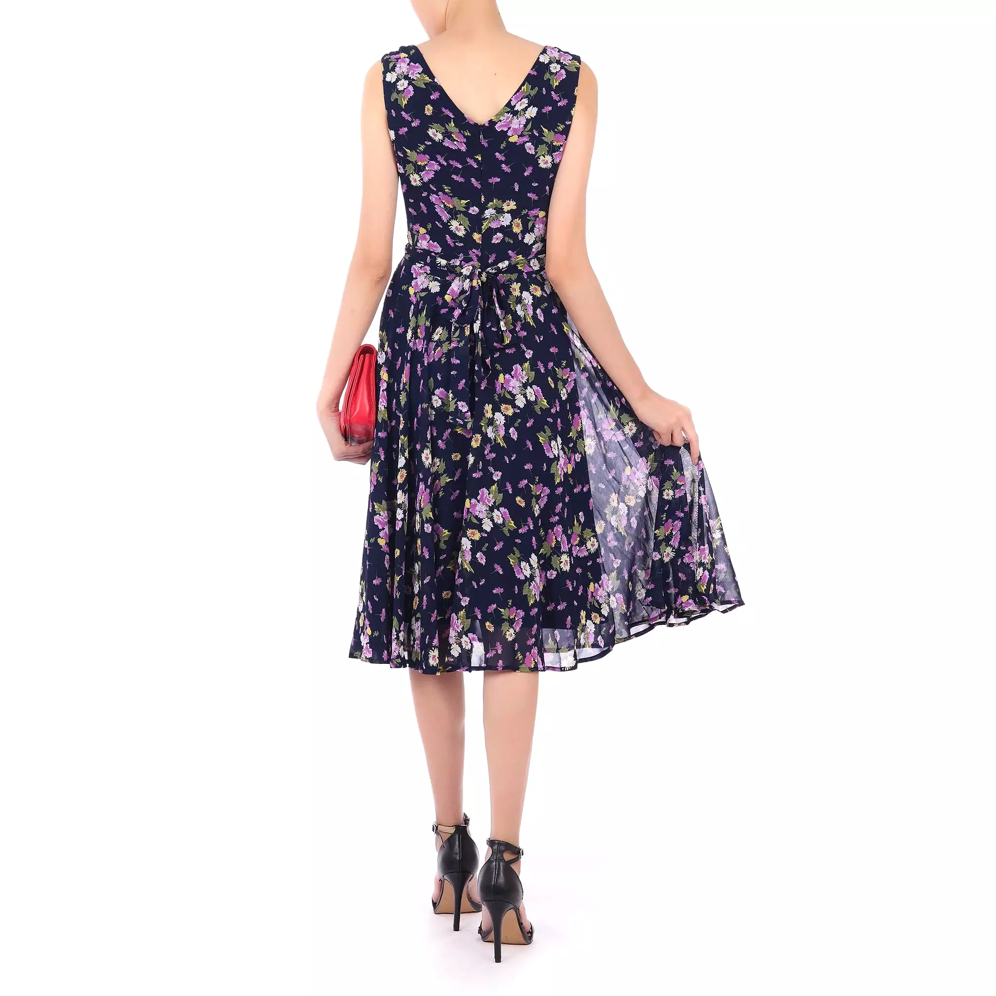 Jolie Moi Navy Blue Floral Sleeveless Chiffon 50s Swing Audrey Dress