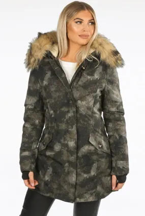 Khaki Camouflage Faux Fur Hood Parka Coat