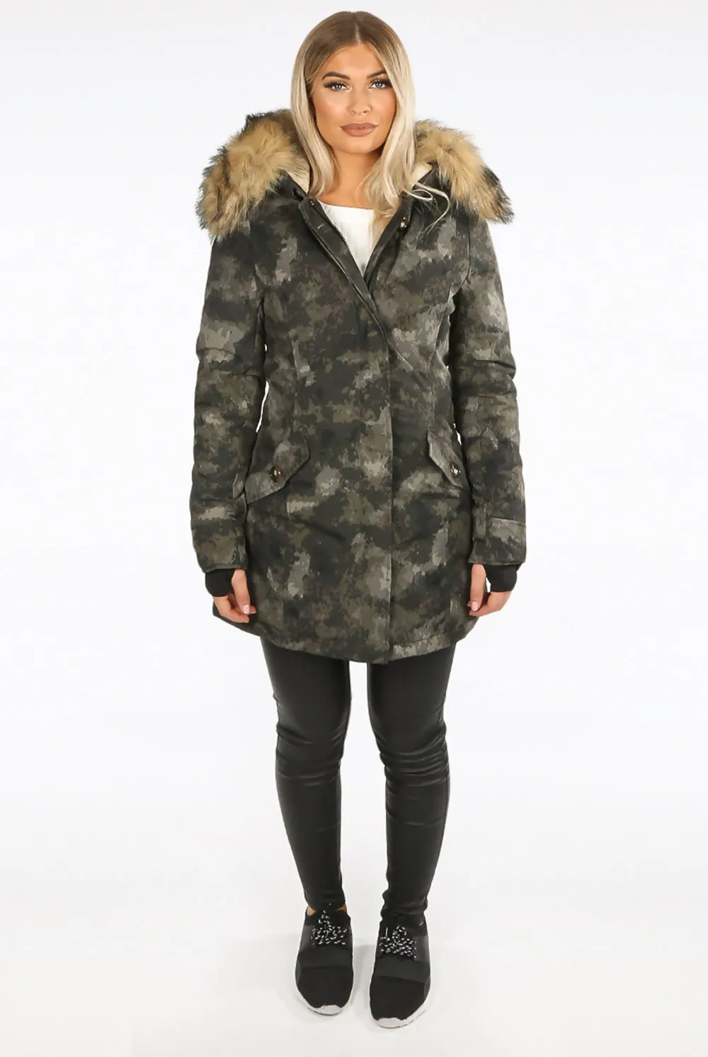 Khaki Camouflage Faux Fur Hood Parka Coat