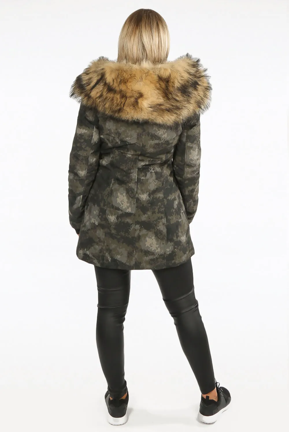 Khaki Camouflage Faux Fur Hood Parka Coat