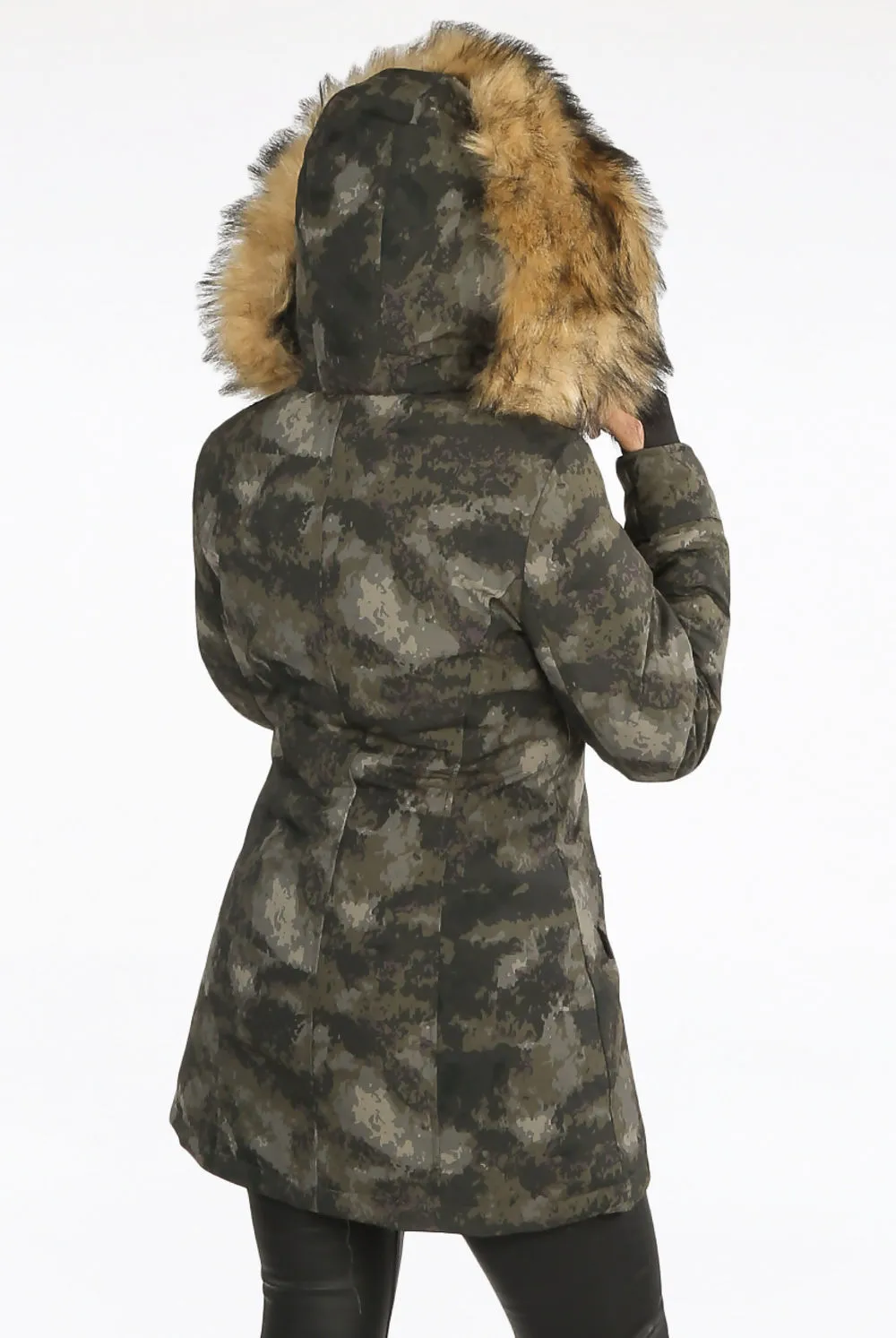 Khaki Camouflage Faux Fur Hood Parka Coat