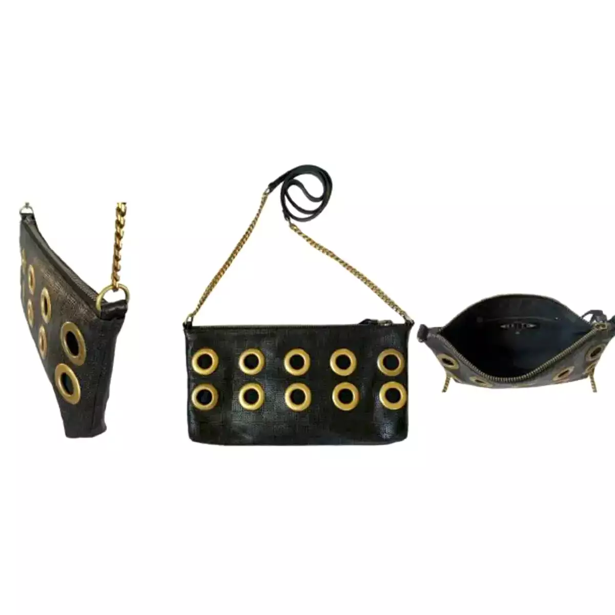 Kim White Black Leather Grommet Crossbody Bag