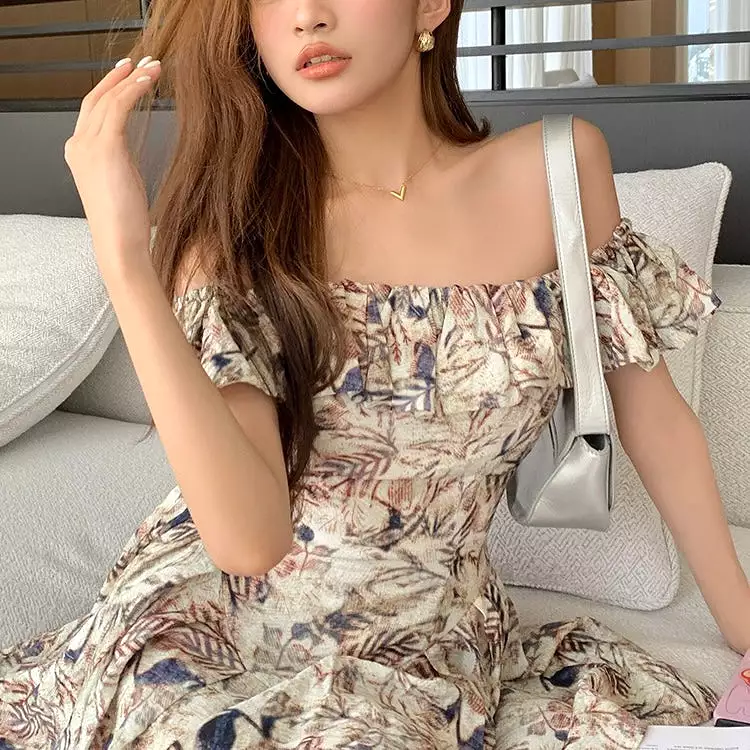 Leaves Pattern Off-Shoulder Dress